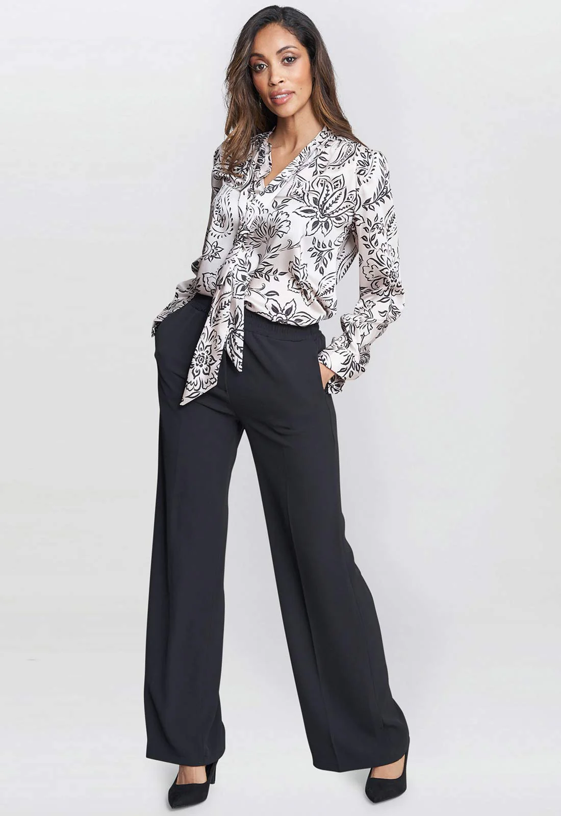 Gina Bacconi White and Black Avril Satin Pussy Bow Blouse - Image 3
