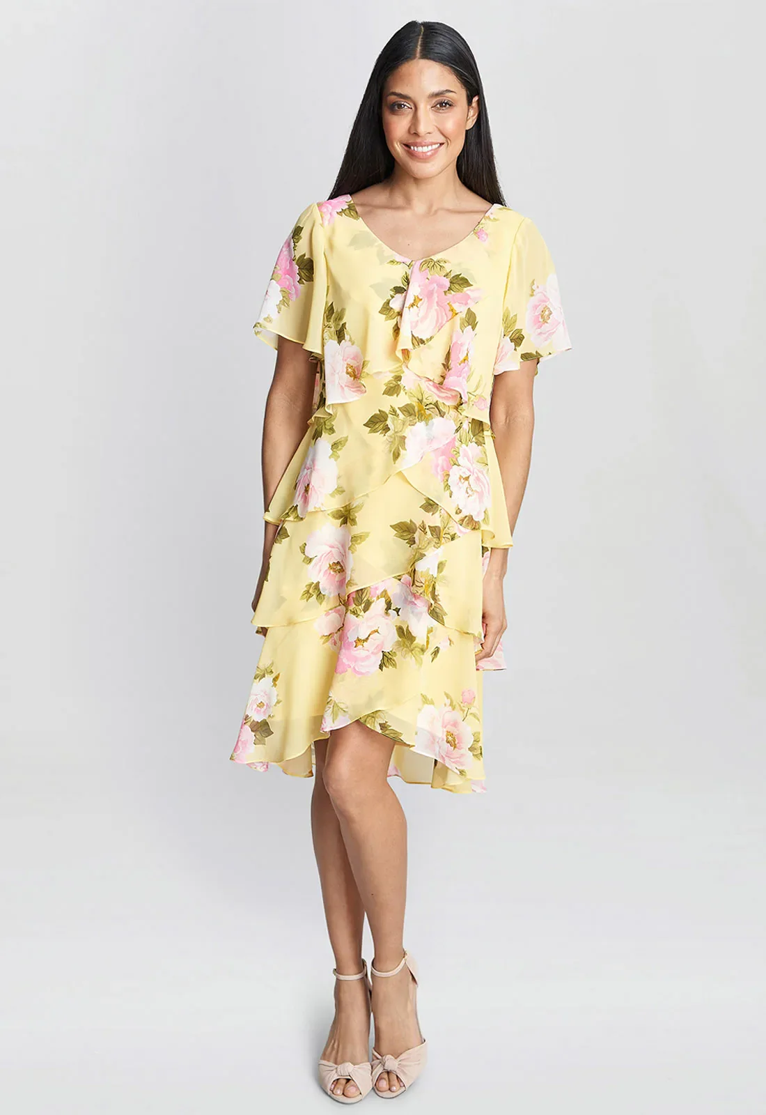 Gina Bacconi Yellow Edith Print Layered Dress - Image 4