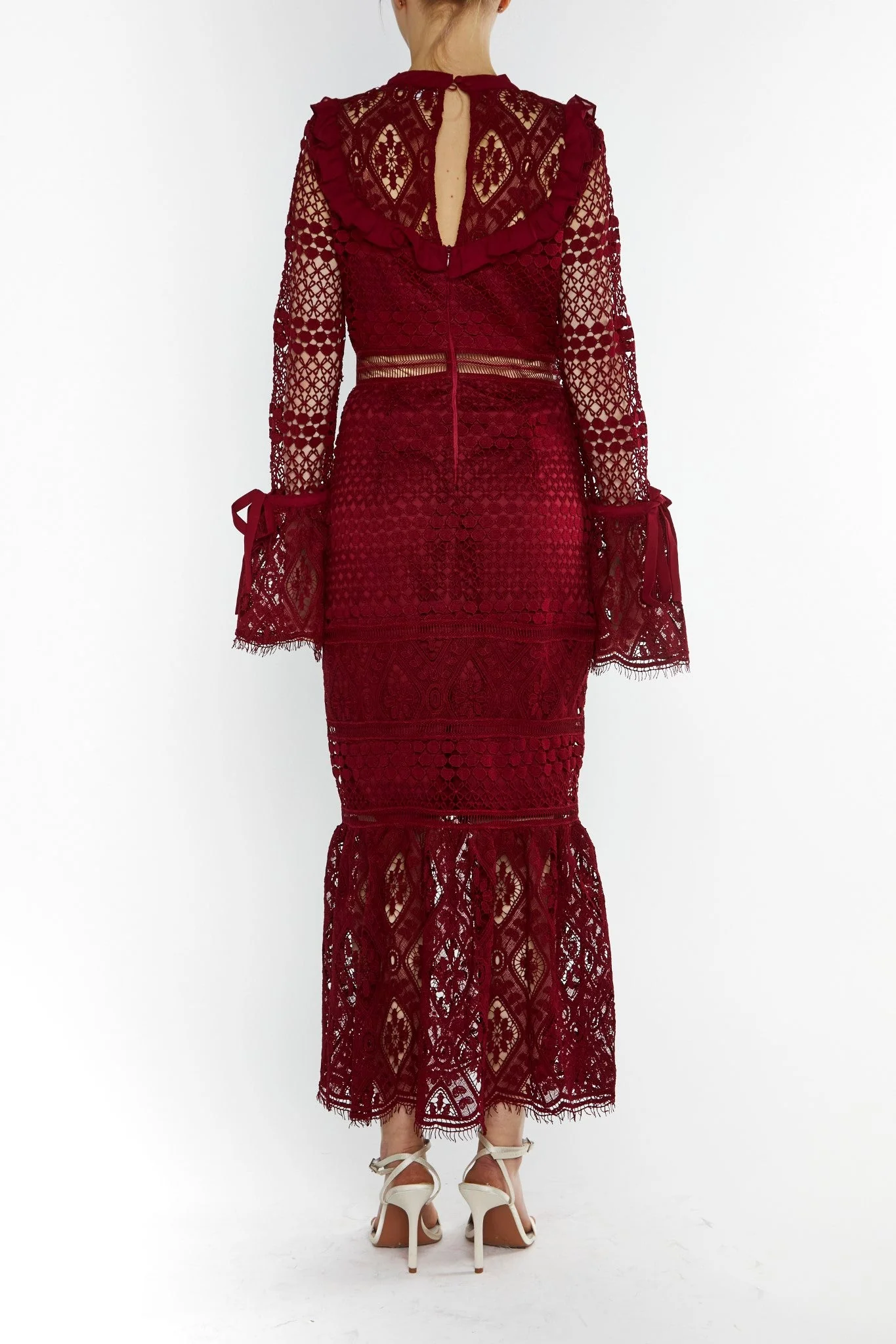 True Decadence Burgundy Jenna Peplum-Sleeve Lace Midi Dress - Image 2