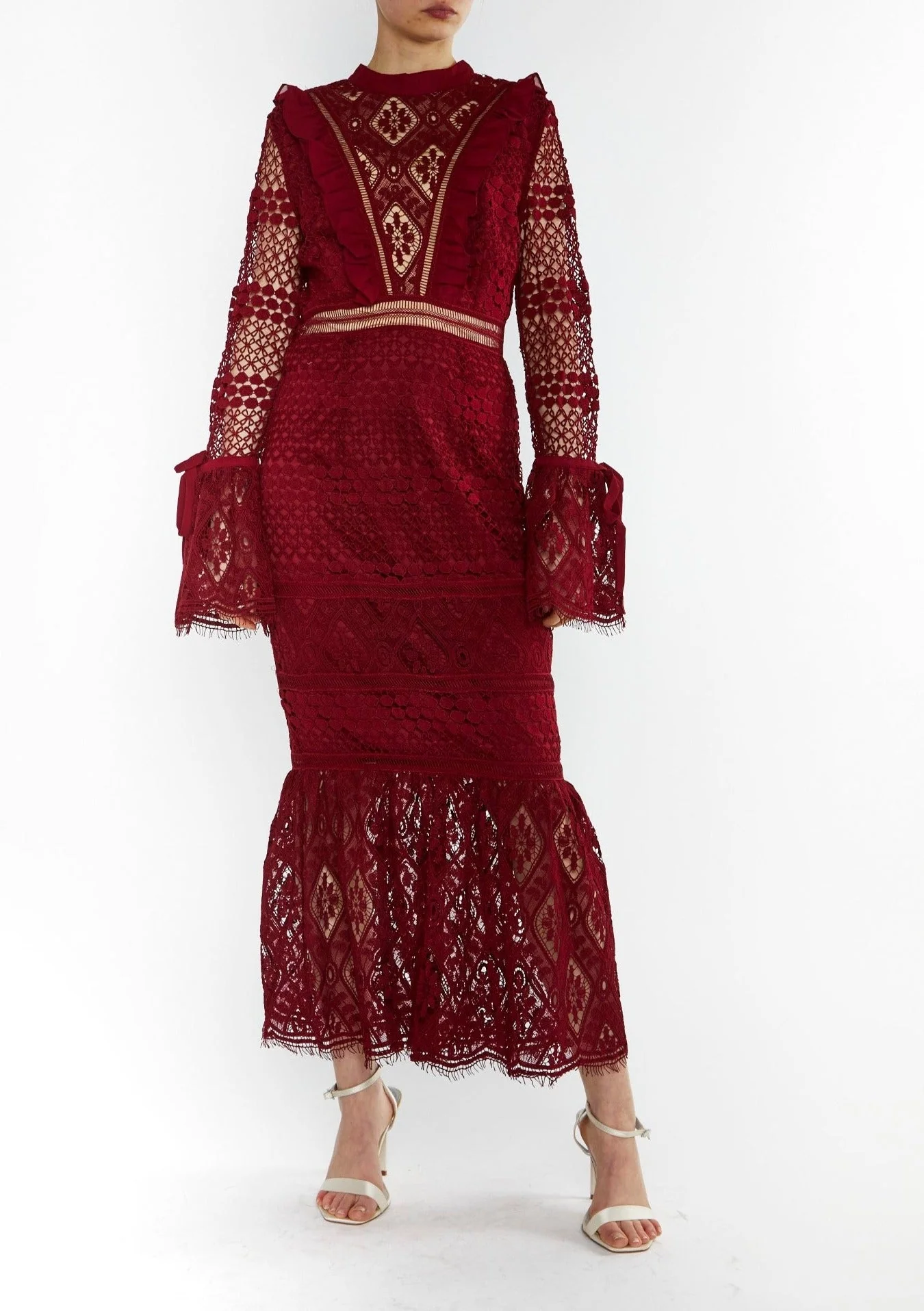 True Decadence Burgundy Jenna Peplum-Sleeve Lace Midi Dress - Image 3