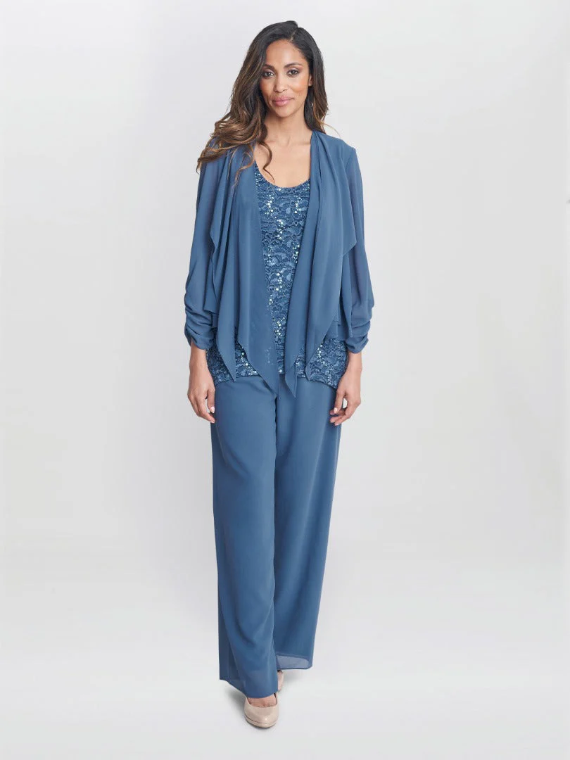 Gina Bacconi Julia 3 Piece Trouser Suit With Lace Top, Jacket And Trouser