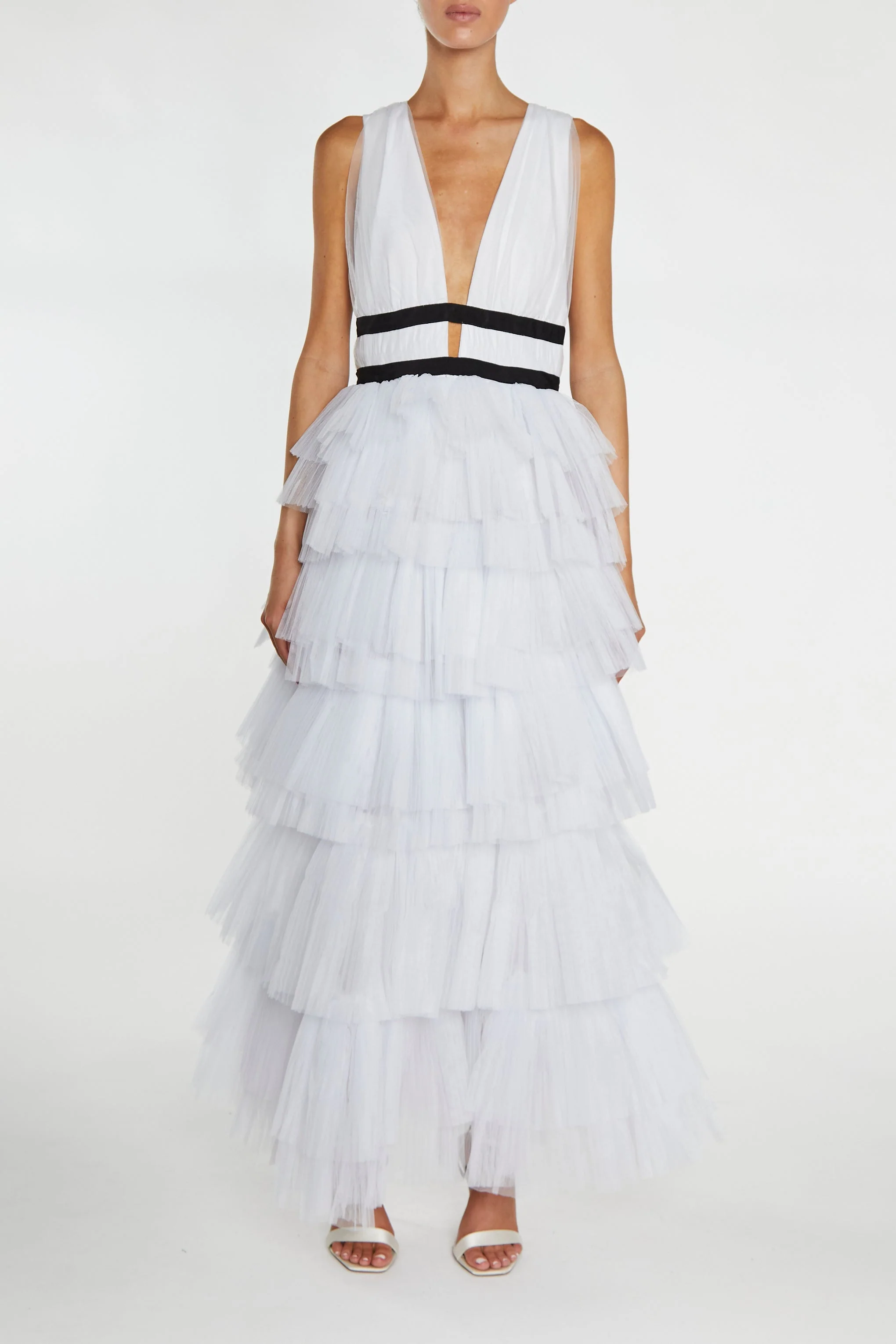 true Decadence Eliza White Fully Lined Plunging Neck Maxi Dress with Layered Tulle Skirt