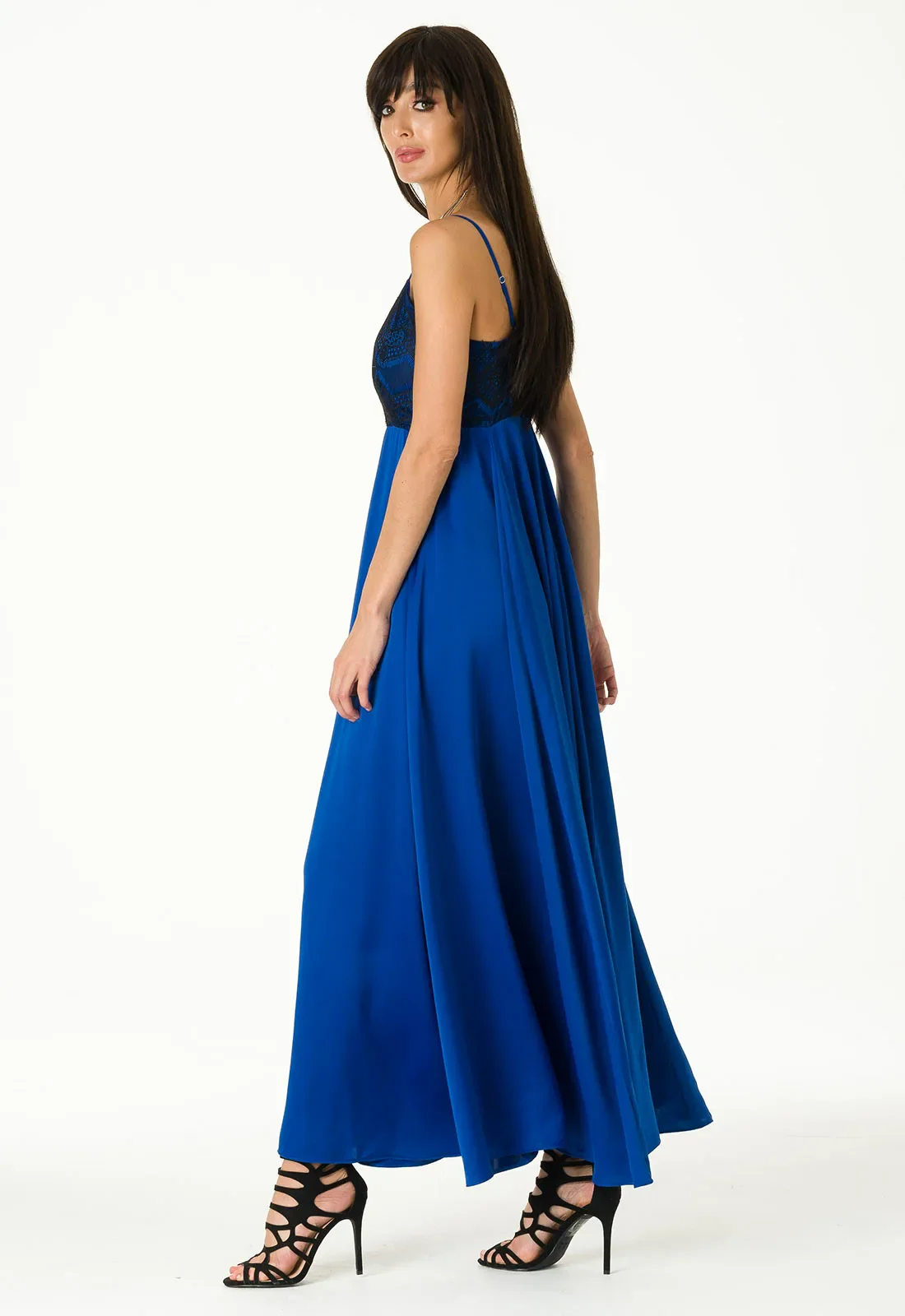Lady Flare Blue Satin Maxi Dress - Image 3