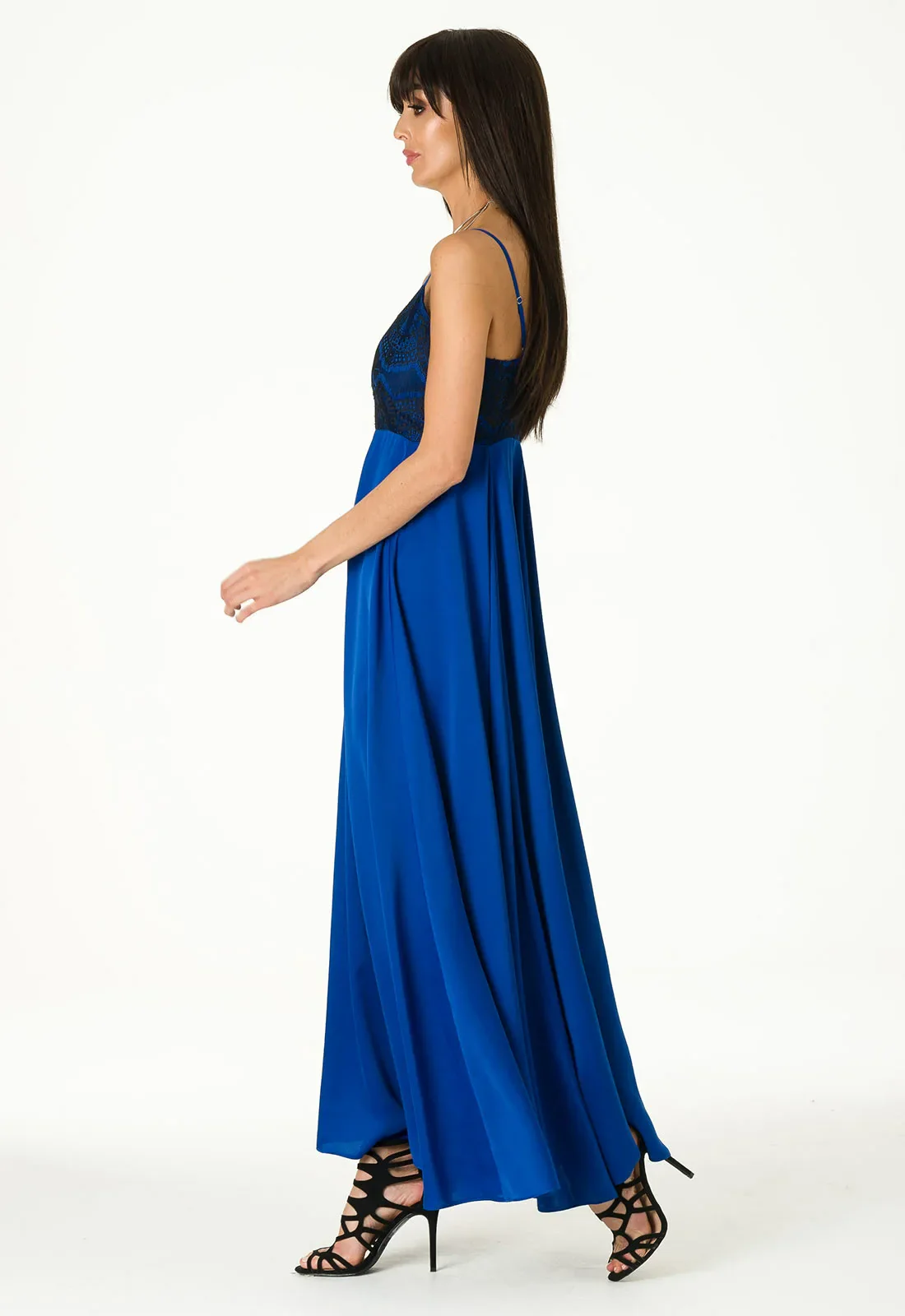 Lady Flare Blue Satin Maxi Dress - Image 4