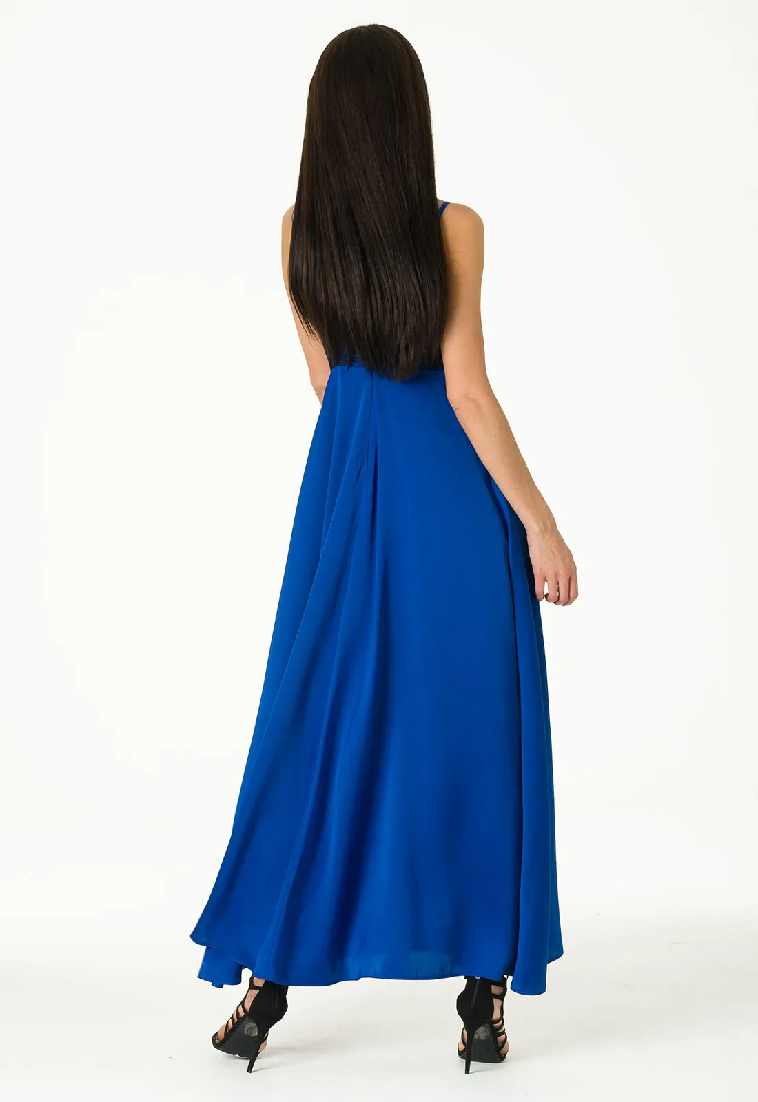 Lady Flare Blue Satin Maxi Dress - Image 5