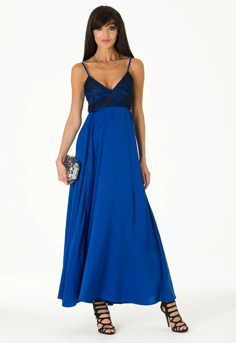 Lady Flare Blue Satin Maxi Dress - Image 9