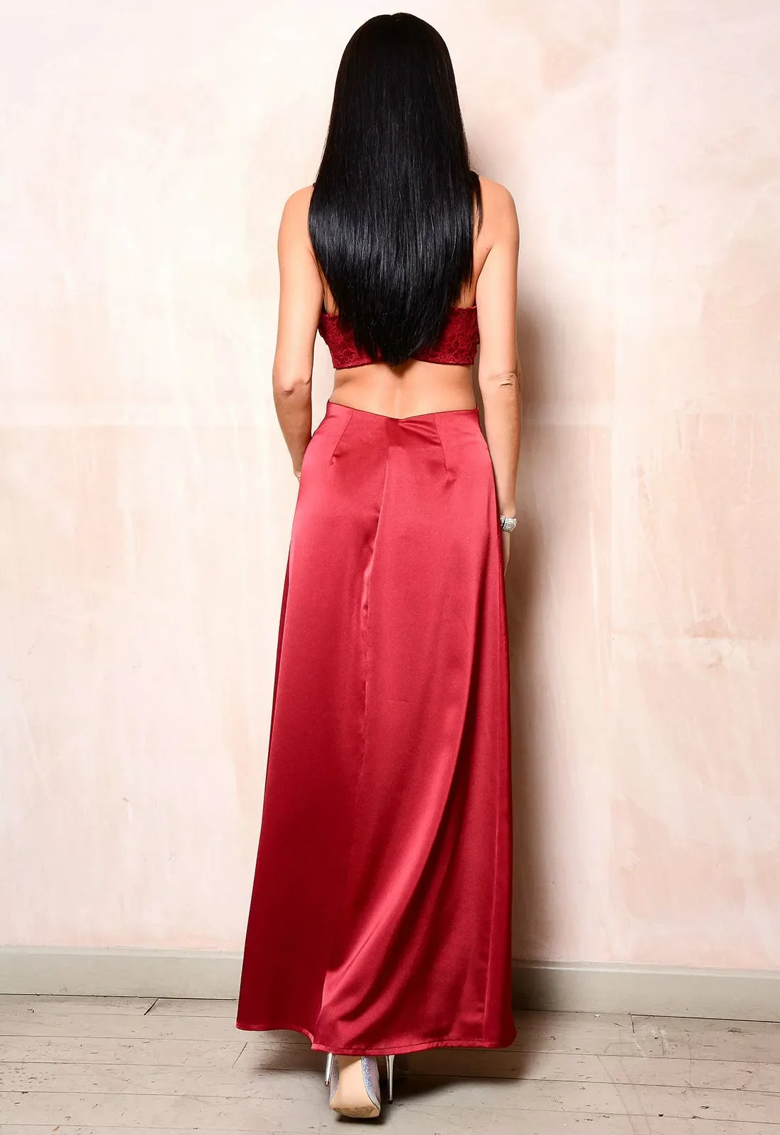 Lady Flare Red Satin Maxi Dress - Image 3