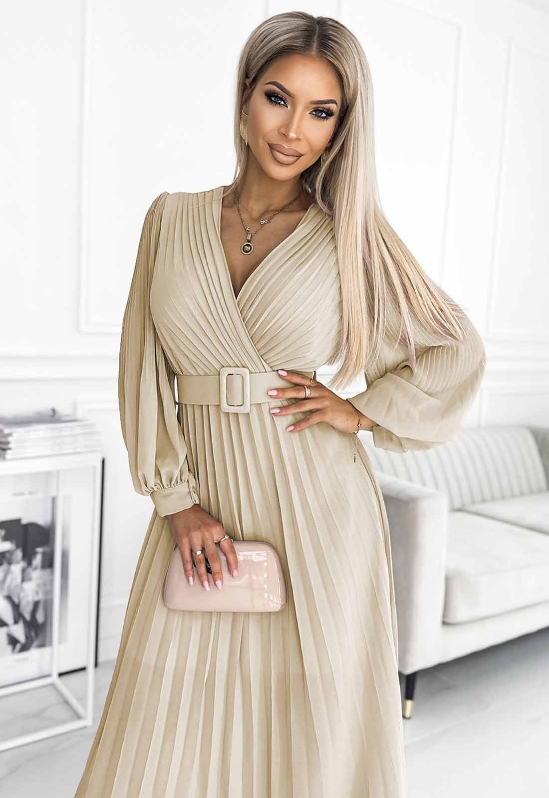 LBD Exclusive Beige Klara Pleated Dress - Image 4