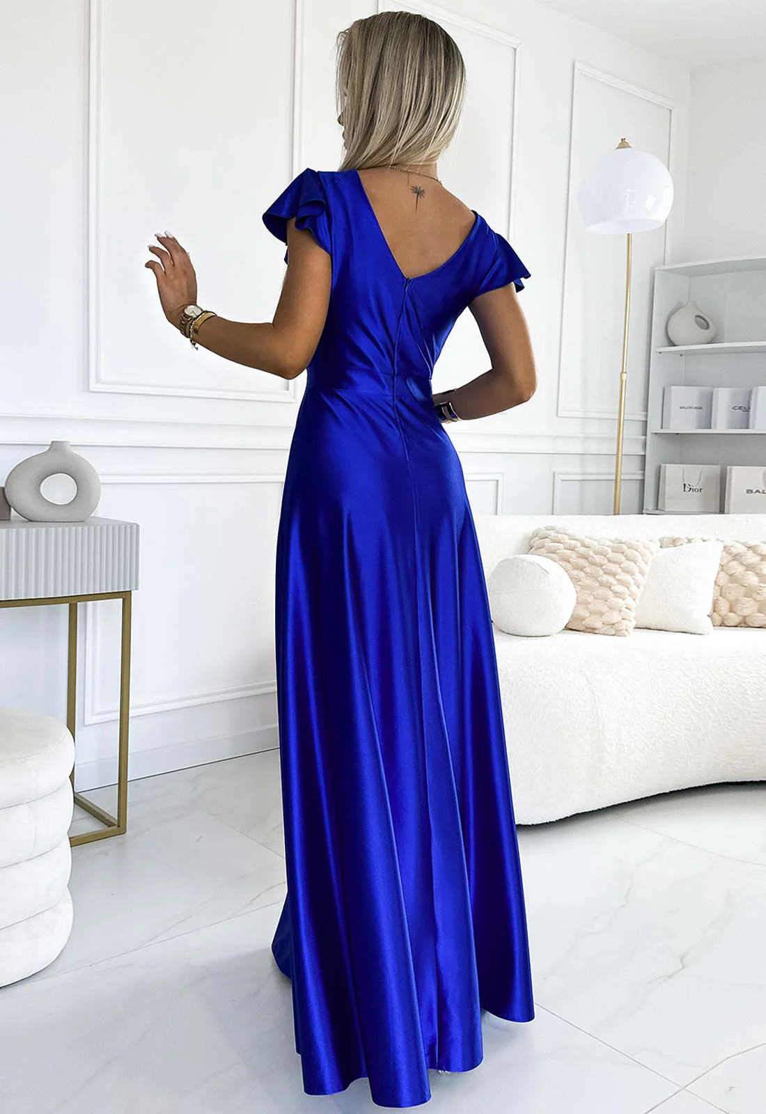 LBD Exclusive Blue Satin Crystal Maxi Dress - Image 4