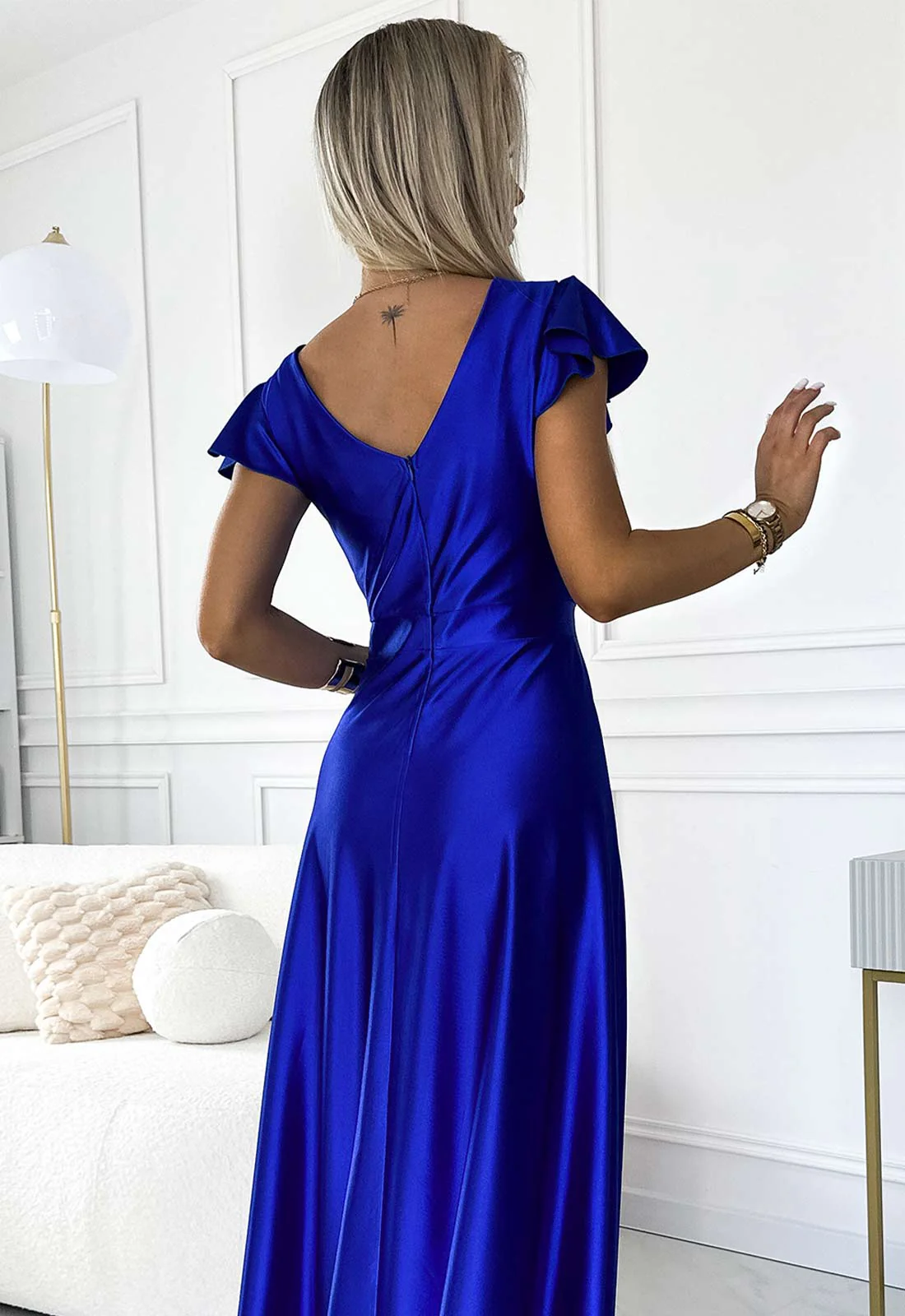 LBD Exclusive Blue Satin Crystal Maxi Dress - Image 5