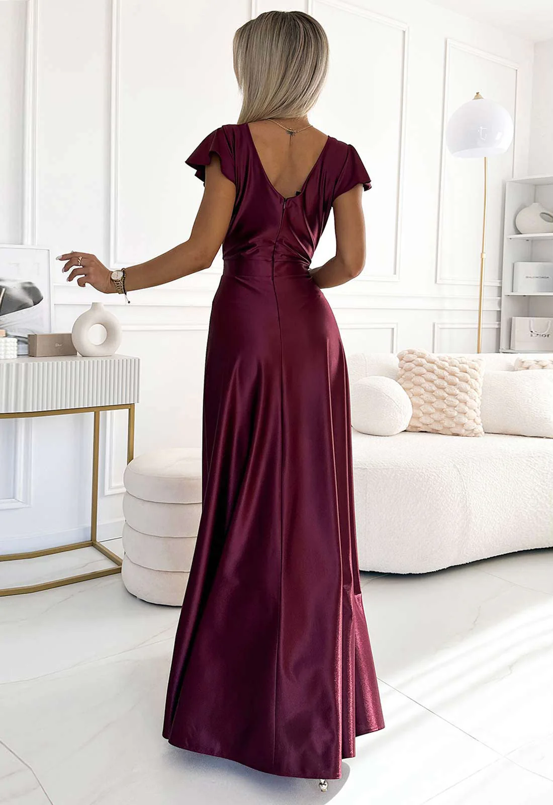 LBD Exclusive Burgundy Satin Crystal Maxi Dress - Image 4