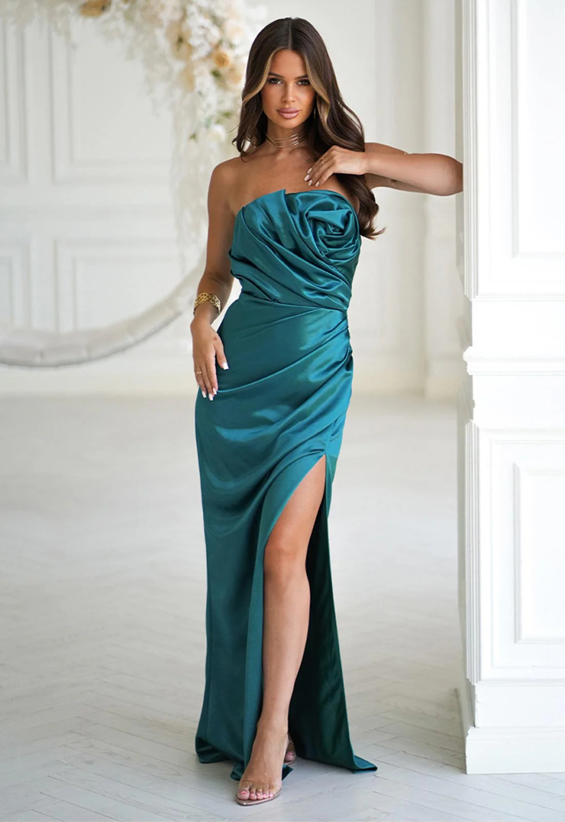 LBD Exclusive Teal Camila Satin Maxi Dress