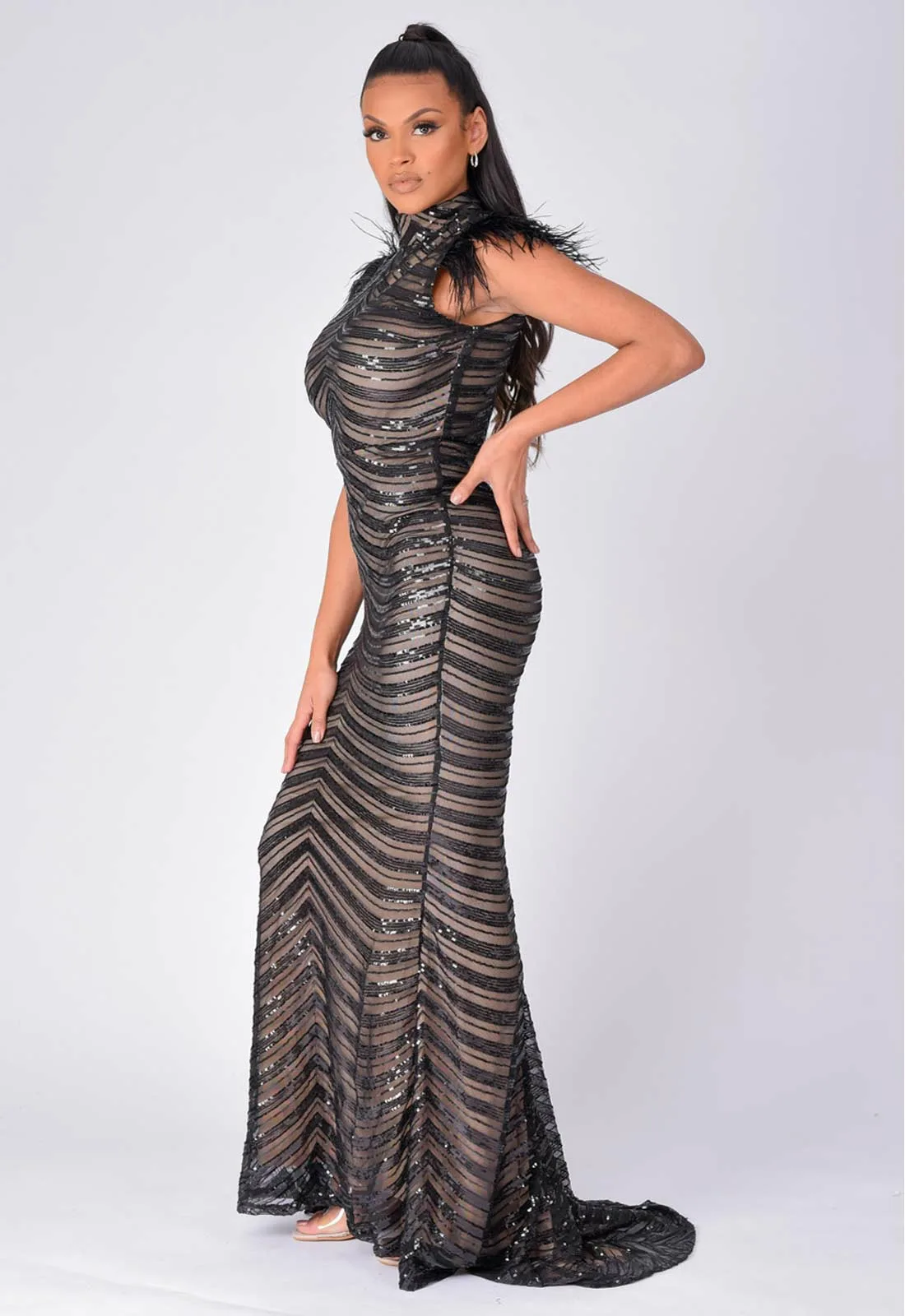 NAZZ Collection Black Power Feather Maxi Dress - Image 3