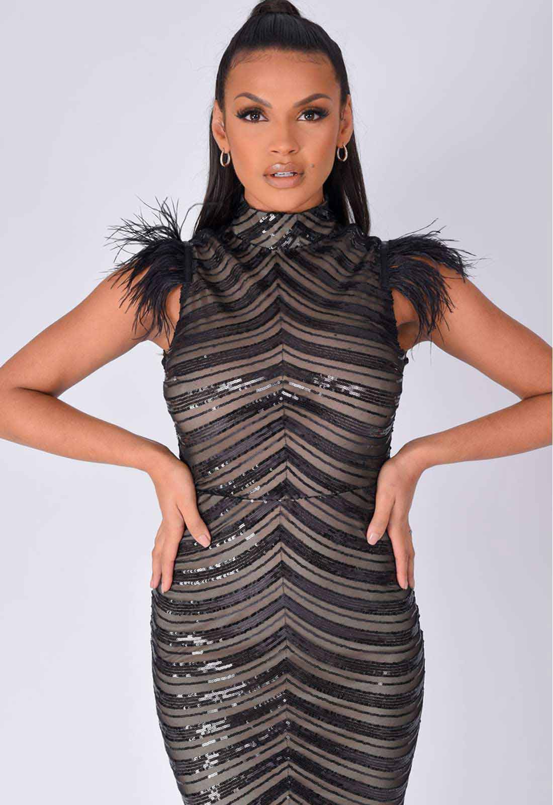 NAZZ Collection Black Power Feather Maxi Dress - Image 4