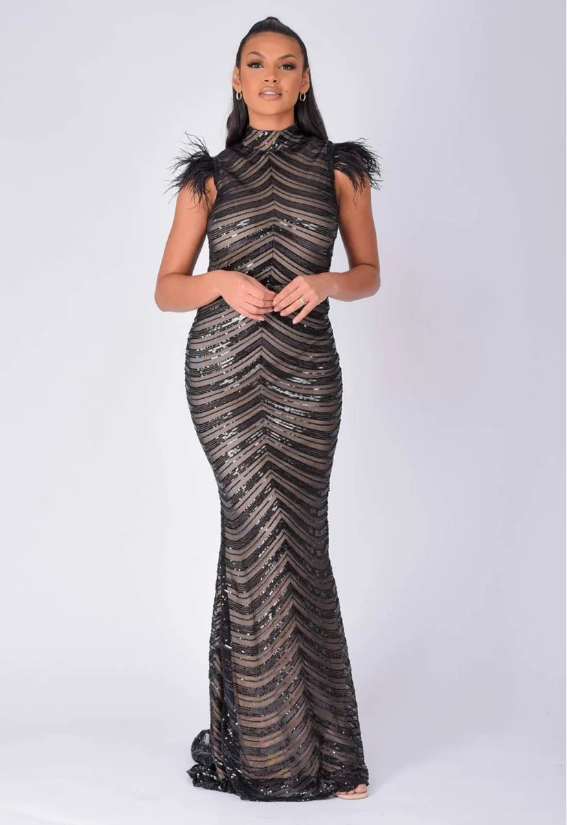 NAZZ Collection Black Power Feather Maxi Dress - Image 7