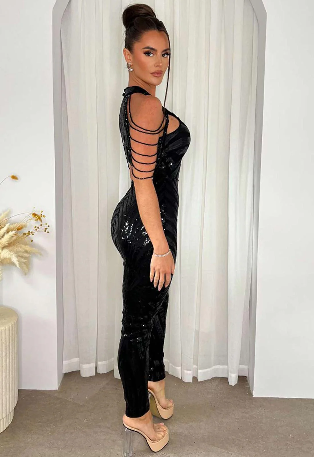 Nazz Collection Black Sequin Beaded Shoulder Jumpsuit - Image 2