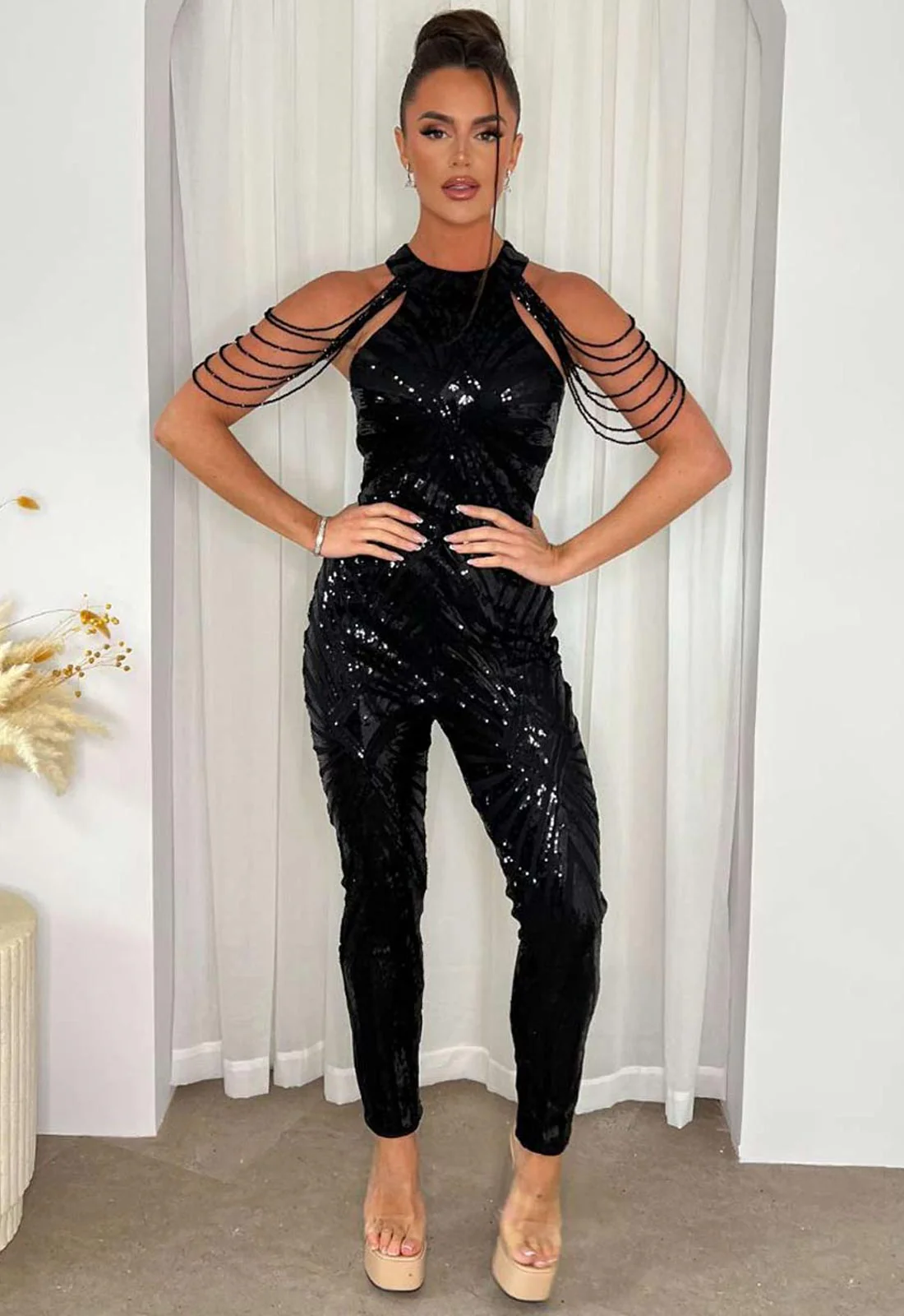Nazz Collection Black Sequin Beaded Shoulder Jumpsuit - Image 4