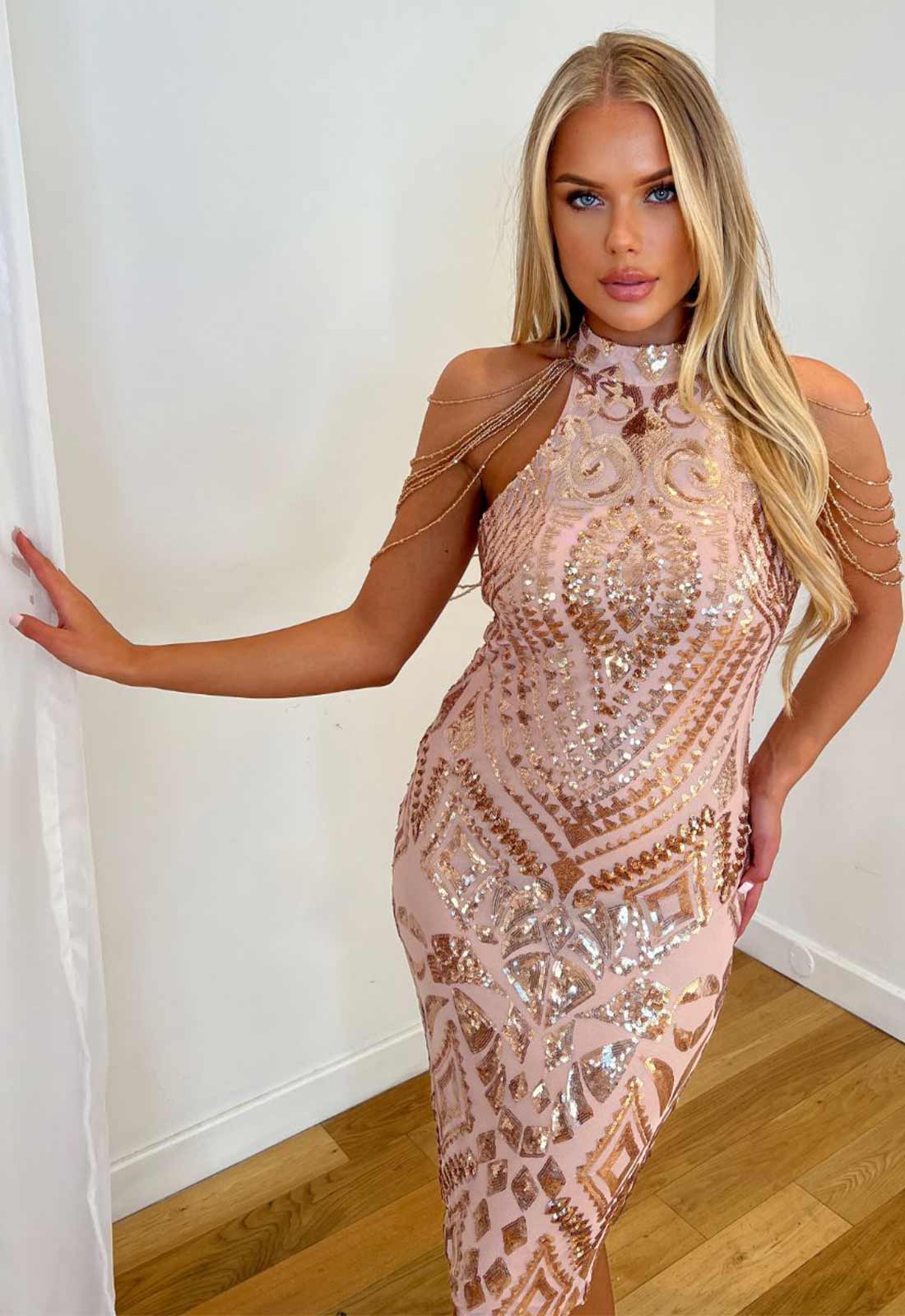 Nazz Collection Rose Gold Mystery Sequin Party Dress - Image 3