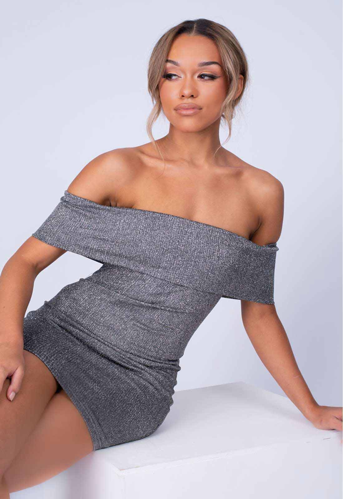 NAZZ Collection Silver Chelsea Bardot Cuff Bodycon Dress - Image 3