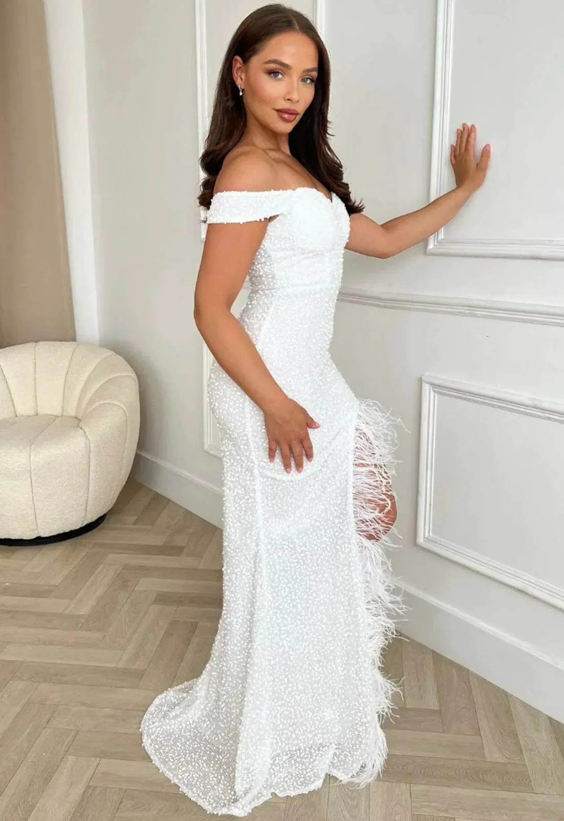 Nazz Collection White Galaxy Feather Maxi Dress - Image 3
