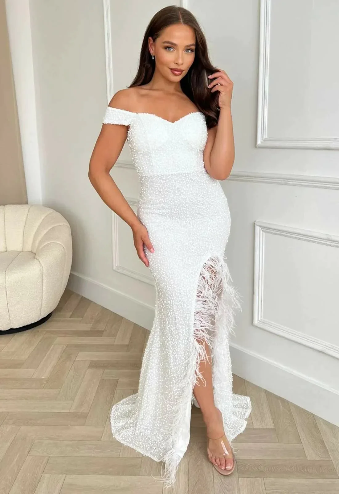 Nazz Collection White Galaxy Feather Maxi Dress - Image 4