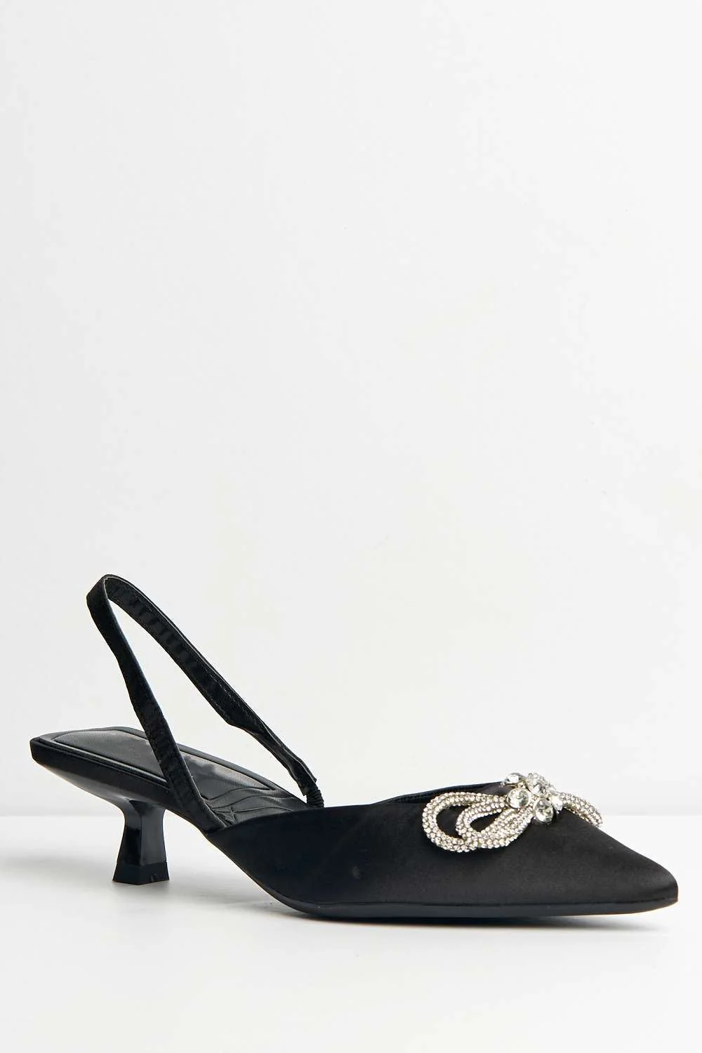 Nia Diamante Bow Detail Kitten Heel Court Shoes in Black - Image 4