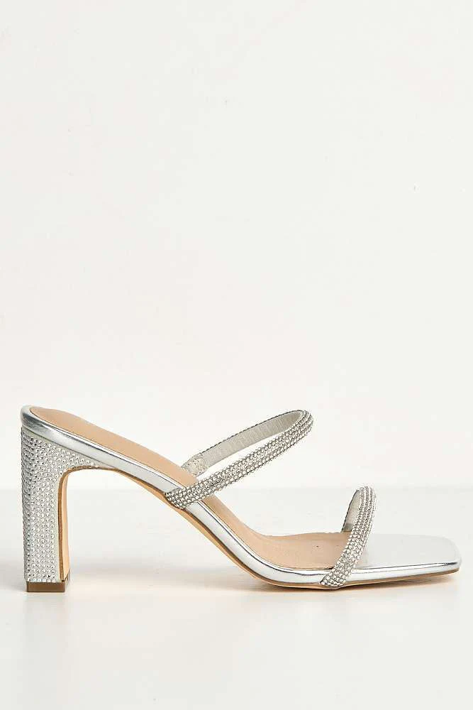 Pia 2 Diamante Strap & Flare Heel Mules in Silver - Image 6