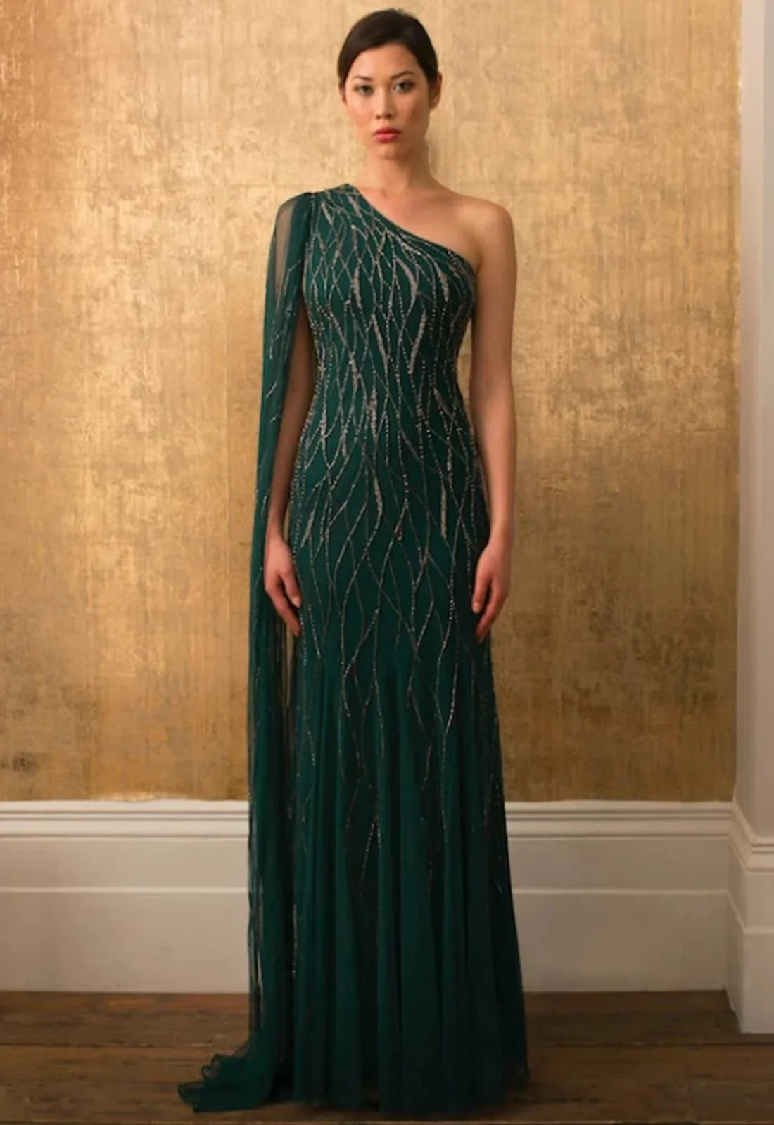 Raishma Mila Green One Shoulder Embellished Maxi Dress