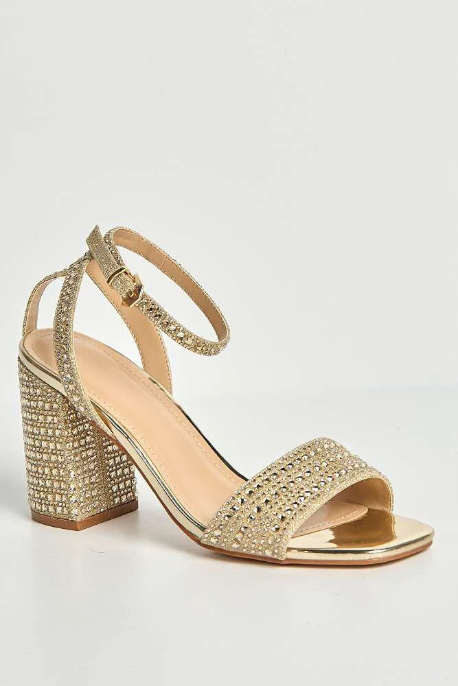 Miss Diva Gold Rinesa Gemstone Encrusted Block Heels - Image 4