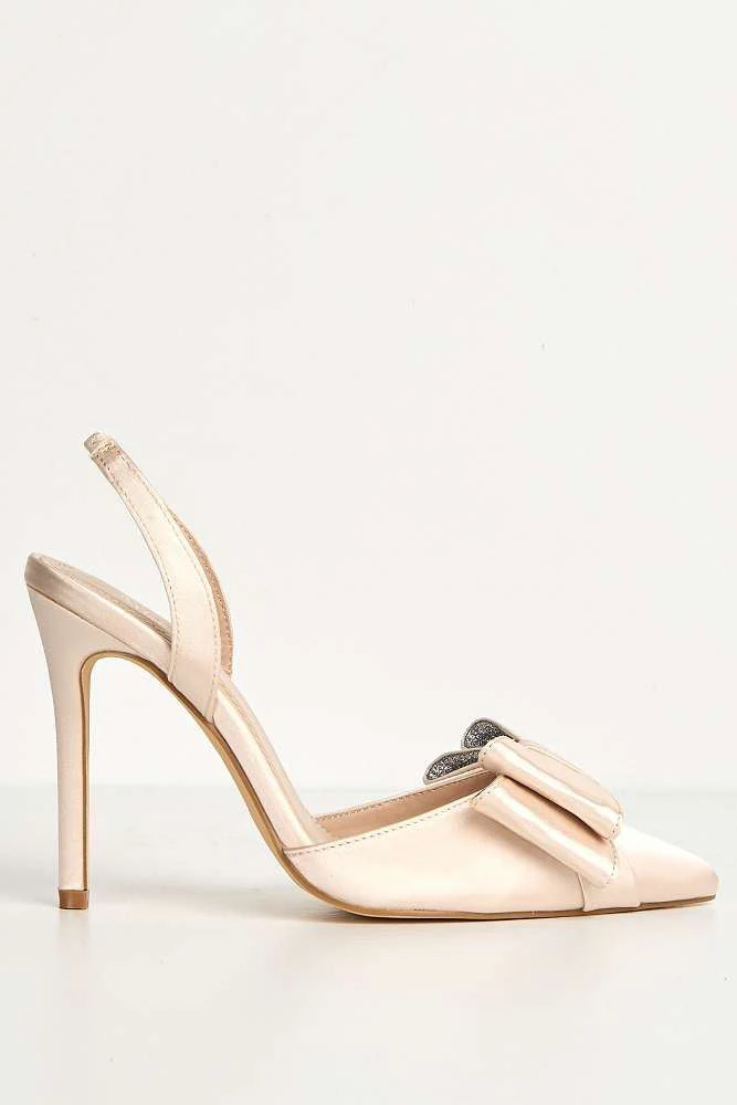 Salwa Pointy Toe Bow Slingback Court Shoes in Champange Satin - Image 6