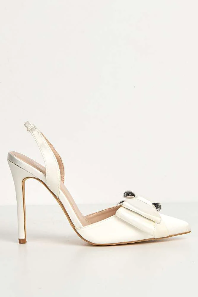 Salwa Pointy Toe Bow Slingback Court Shoes in White Satin - Image 6