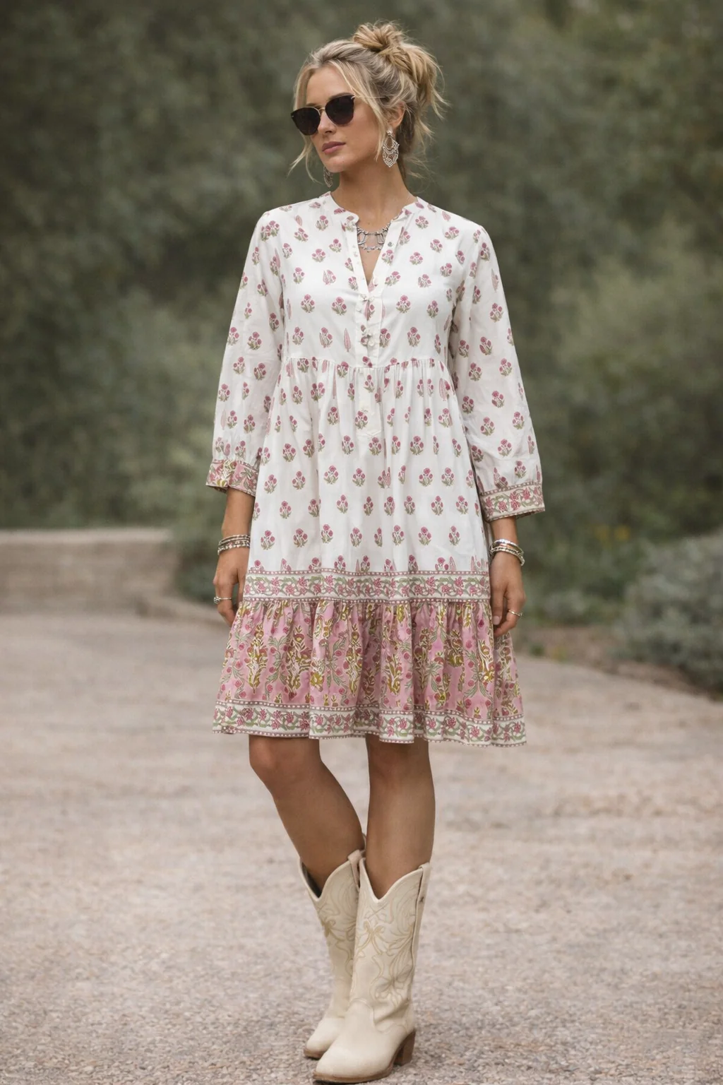 Soul Of Sita Bella Cream And Pink Wood Block Printed Cotton Voile Dress - Image 3