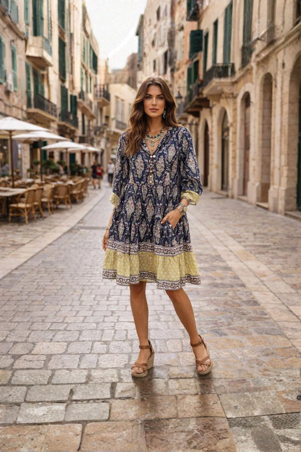 Soul Of Sita Bella Inky Knee Length Wood Block Printed Dress With Contrast Border. 100% Cotton With Pockets And Shell Buttons - Image 2