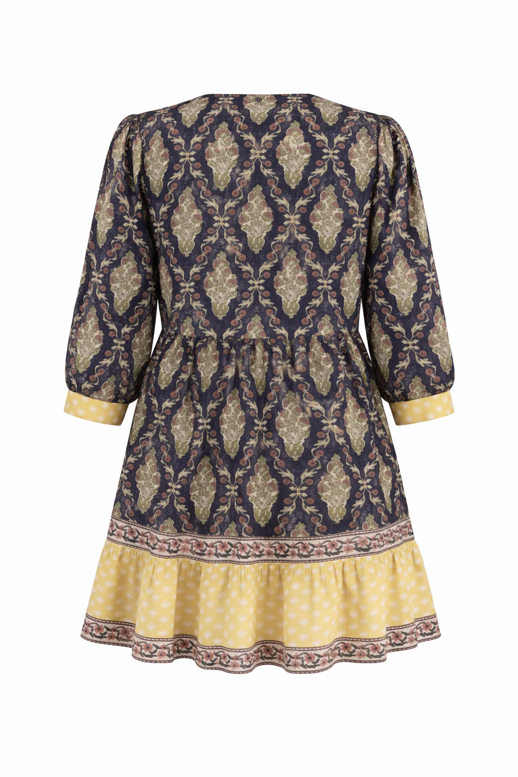 Soul Of Sita Bella Inky Knee Length Wood Block Printed Dress With Contrast Border. 100% Cotton With Pockets And Shell Buttons - Image 4