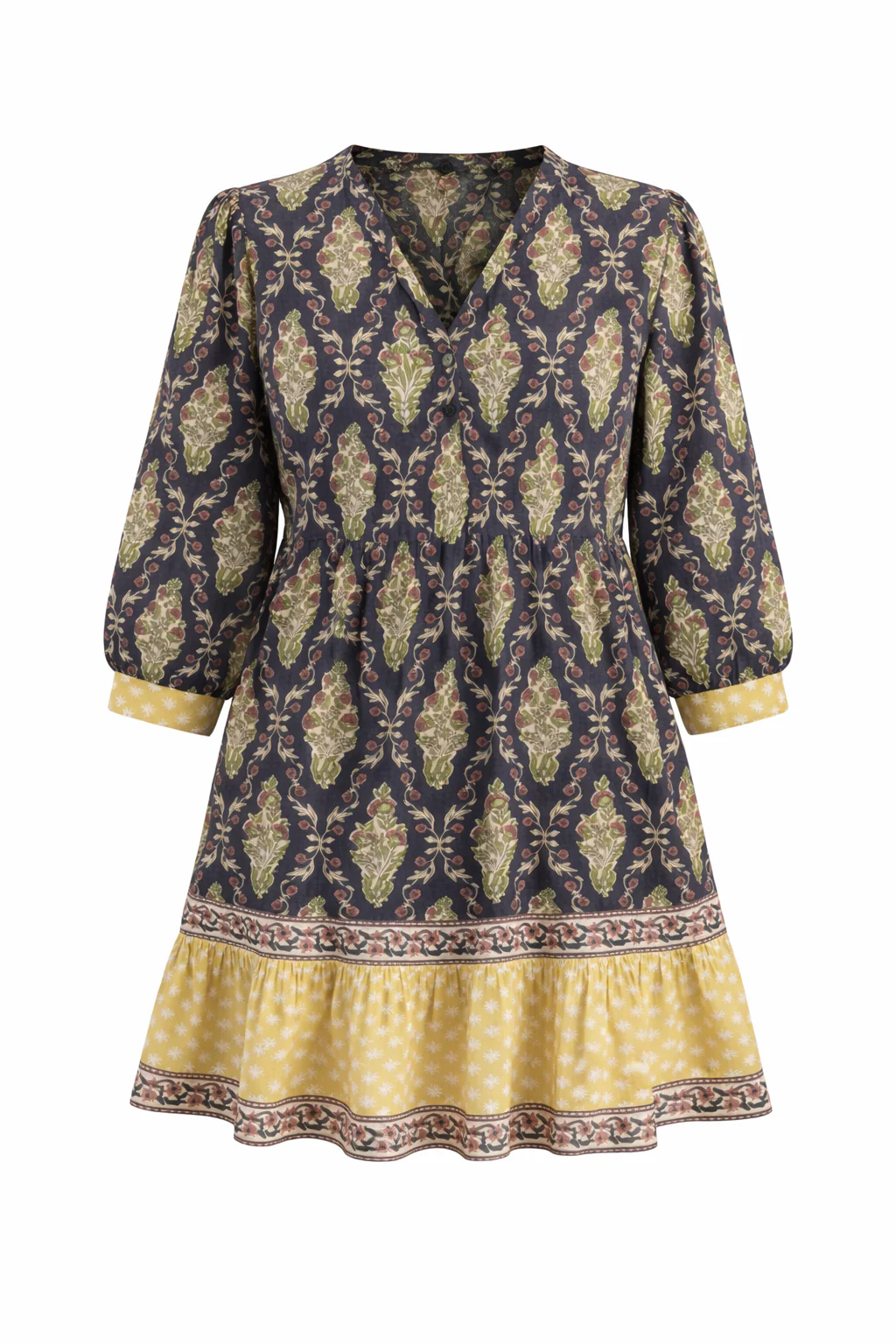 Soul Of Sita Bella Inky Knee Length Wood Block Printed Dress With Contrast Border. 100% Cotton With Pockets And Shell Buttons - Image 5