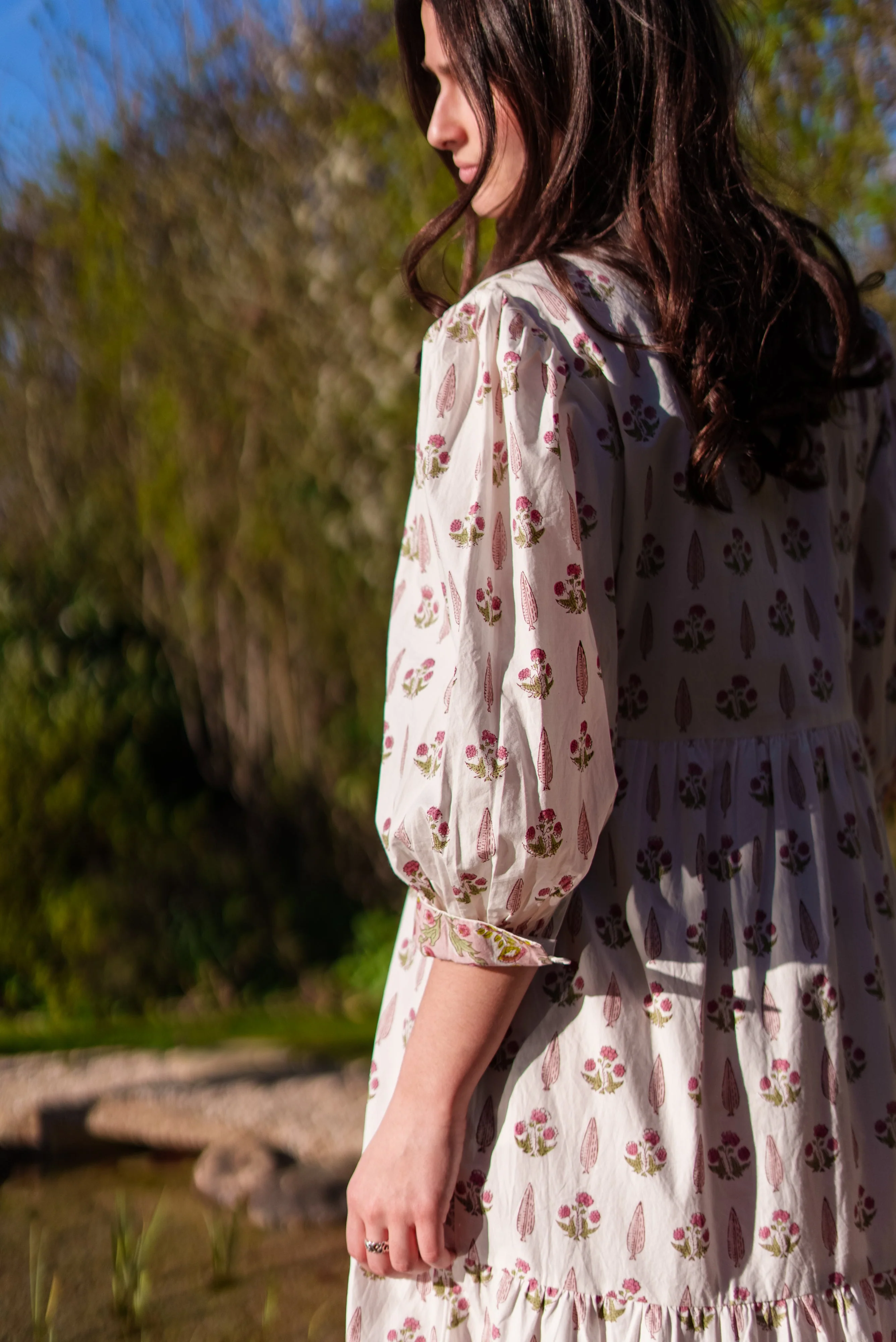 Soul Of Sita Lalita Cream Woodblock Print Maxi Dress 100% Cotton, Side Pockets And Border - Image 4