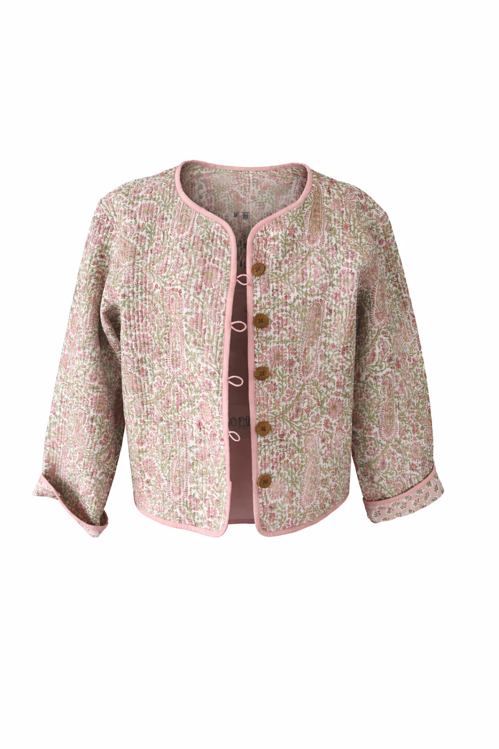 Soul Of Sita Pink/Green Floral Wood Block Printed Reversible Jacket With Wooden Buttons, 100% Cotton, Hand Printed By Amazingly Talented Artisans In Jaipur. - Image 13