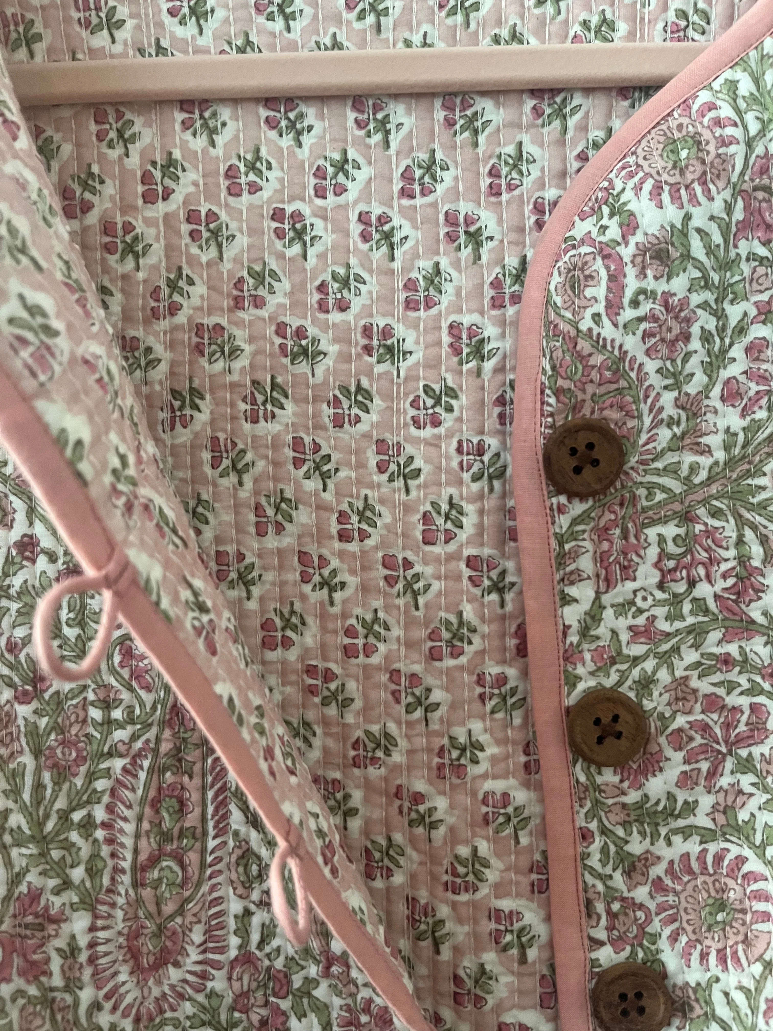 Soul Of Sita Pink/Green Floral Wood Block Printed Reversible Jacket With Wooden Buttons, 100% Cotton, Hand Printed By Amazingly Talented Artisans In Jaipur. - Image 2