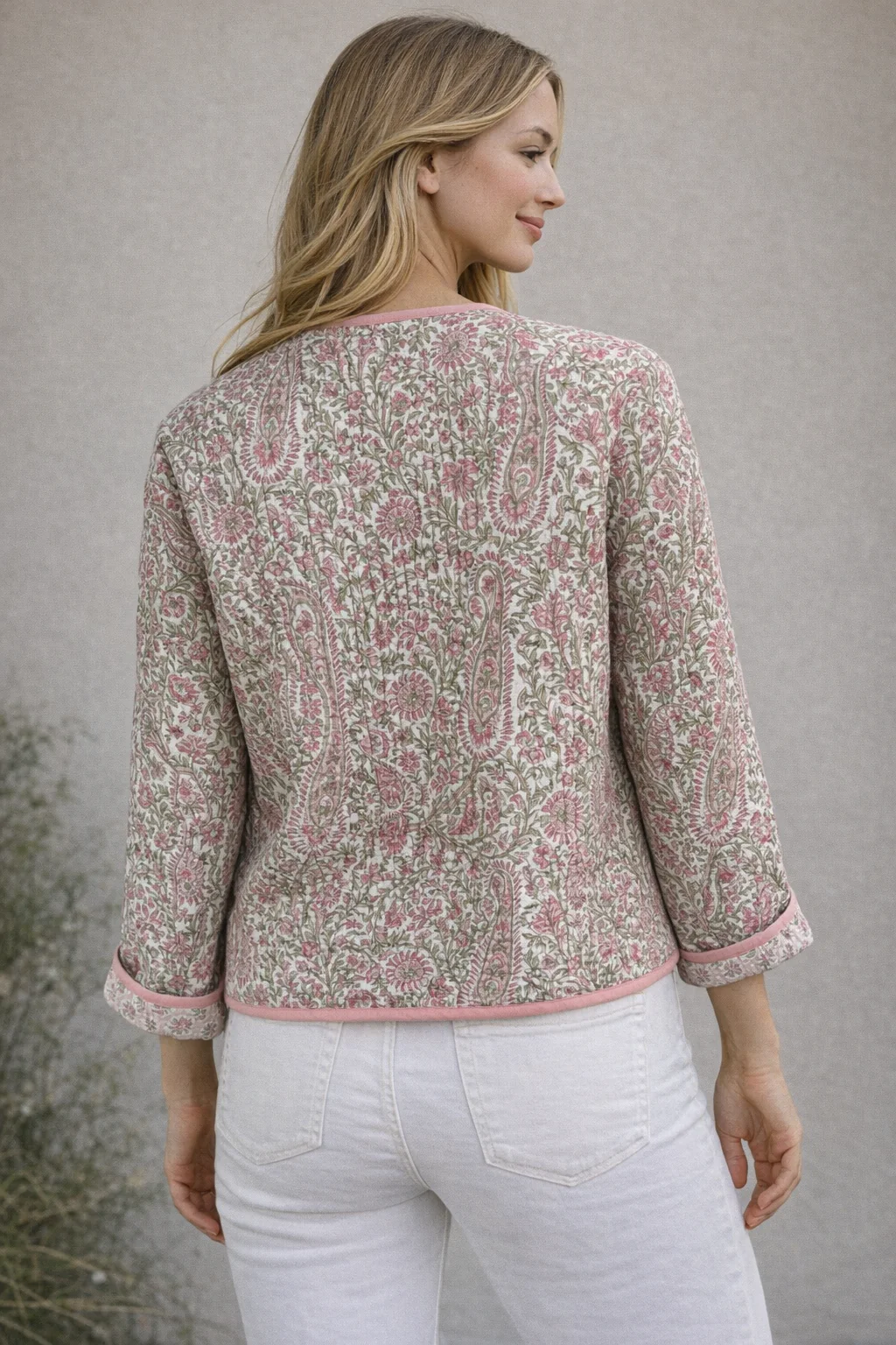 Soul Of Sita Pink/Green Floral Wood Block Printed Reversible Jacket With Wooden Buttons, 100% Cotton, Hand Printed By Amazingly Talented Artisans In Jaipur. - Image 5
