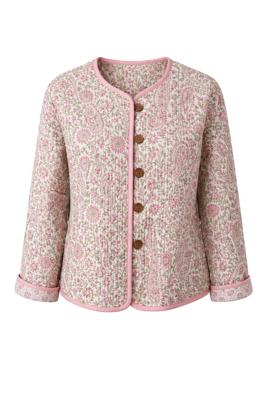 Soul Of Sita Pink/Green Floral Wood Block Printed Reversible Jacket With Wooden Buttons, 100% Cotton, Hand Printed By Amazingly Talented Artisans In Jaipur. - Image 6