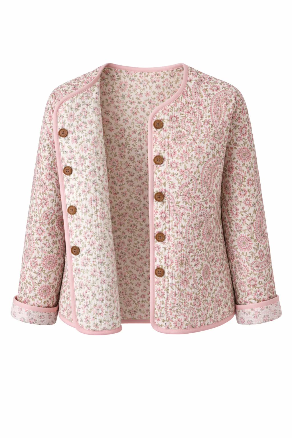 Soul Of Sita Pink/Green Floral Wood Block Printed Reversible Jacket With Wooden Buttons, 100% Cotton, Hand Printed By Amazingly Talented Artisans In Jaipur. - Image 7