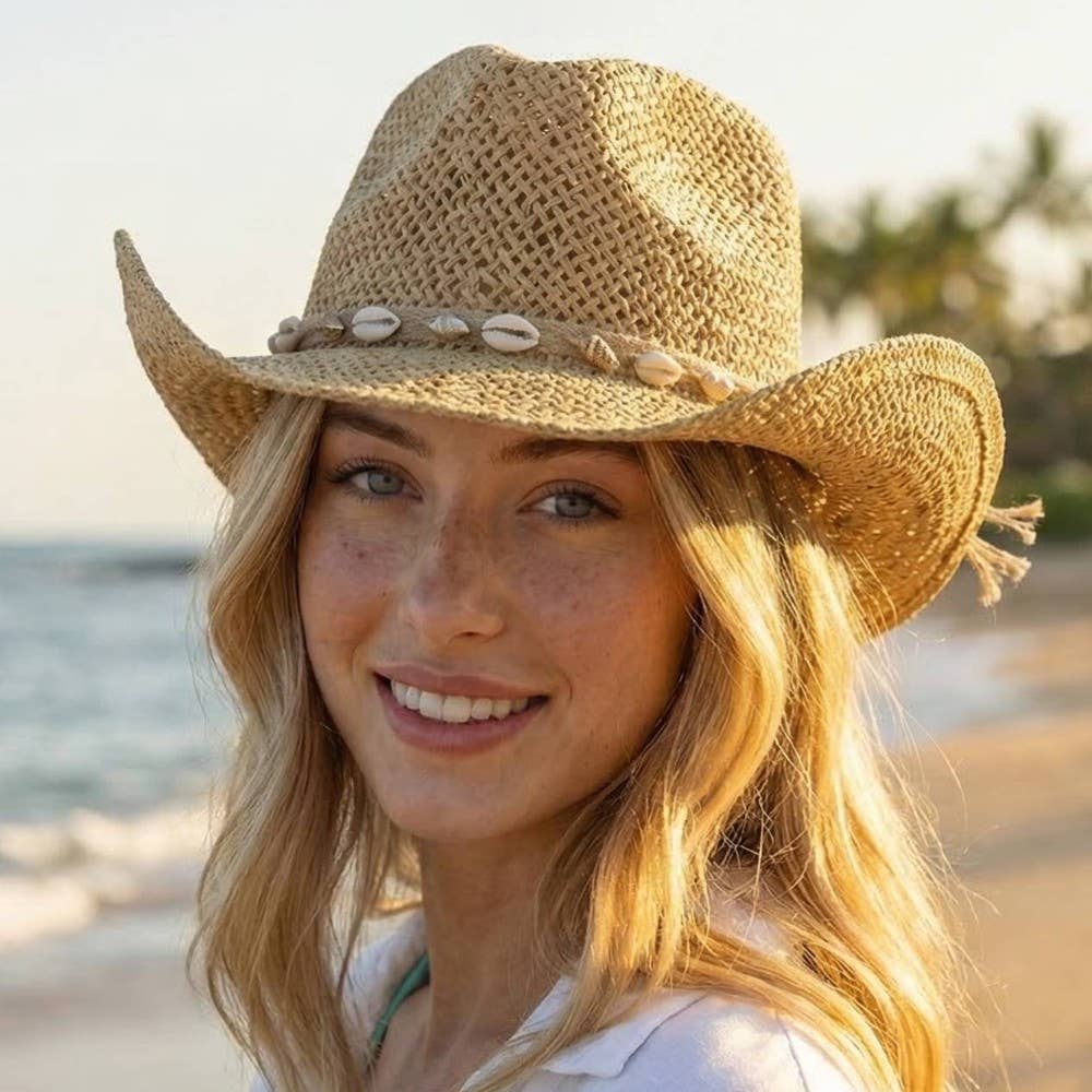 Soul Of Sita Straw Weave Cowrie Shell Rope Strap Cowboy Hat: Iv