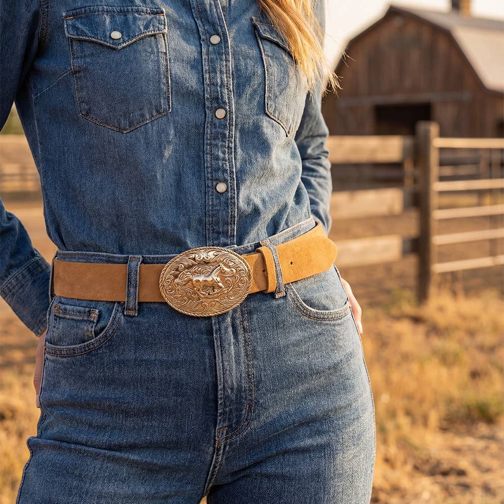 Soul Of Sita Suede Large Western Horse Medallion Buckle Belt: Brown - Image 2