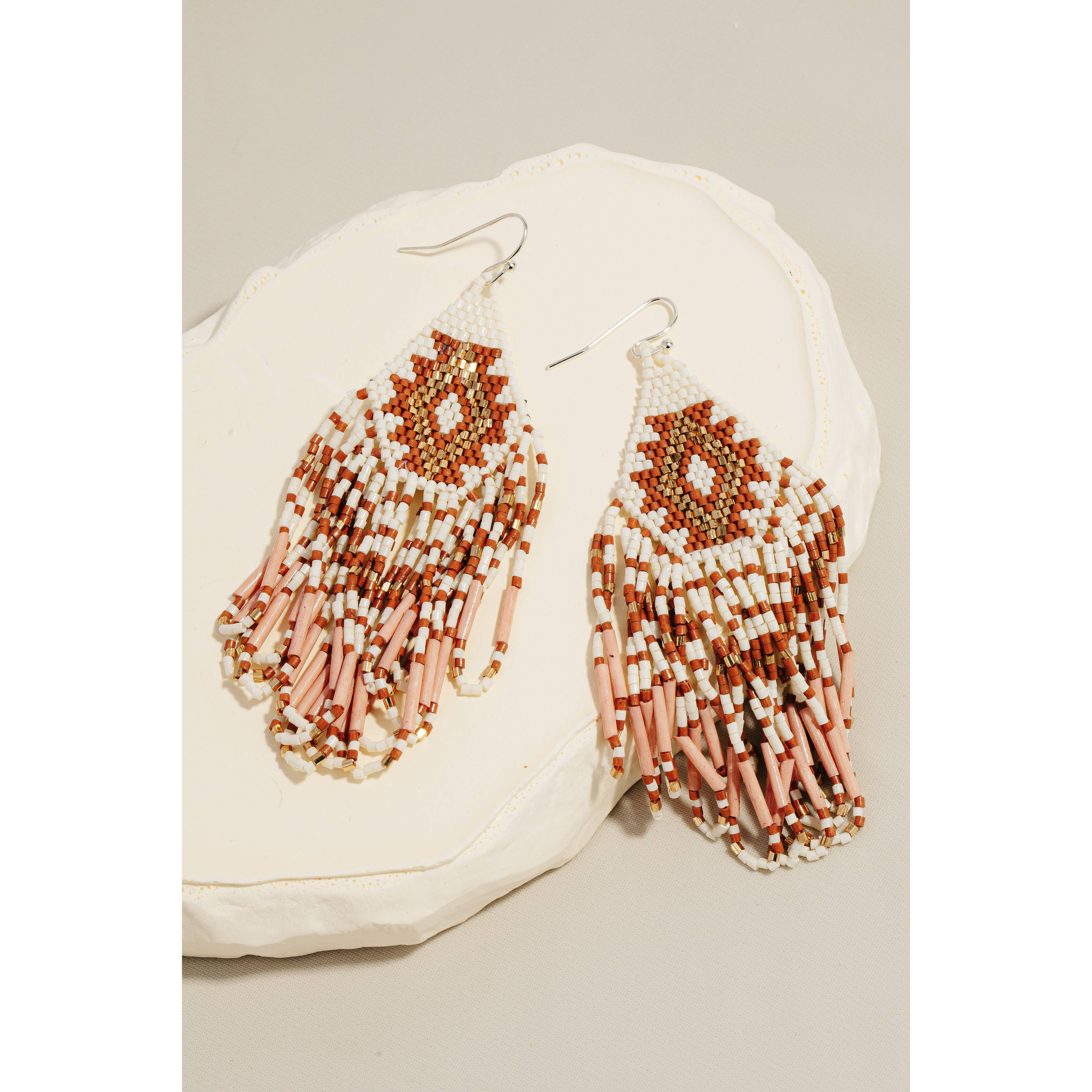 Soul Of Sita Triangular Boho Seed Beaded Fringe Dangle Earrings: Shp - Image 2