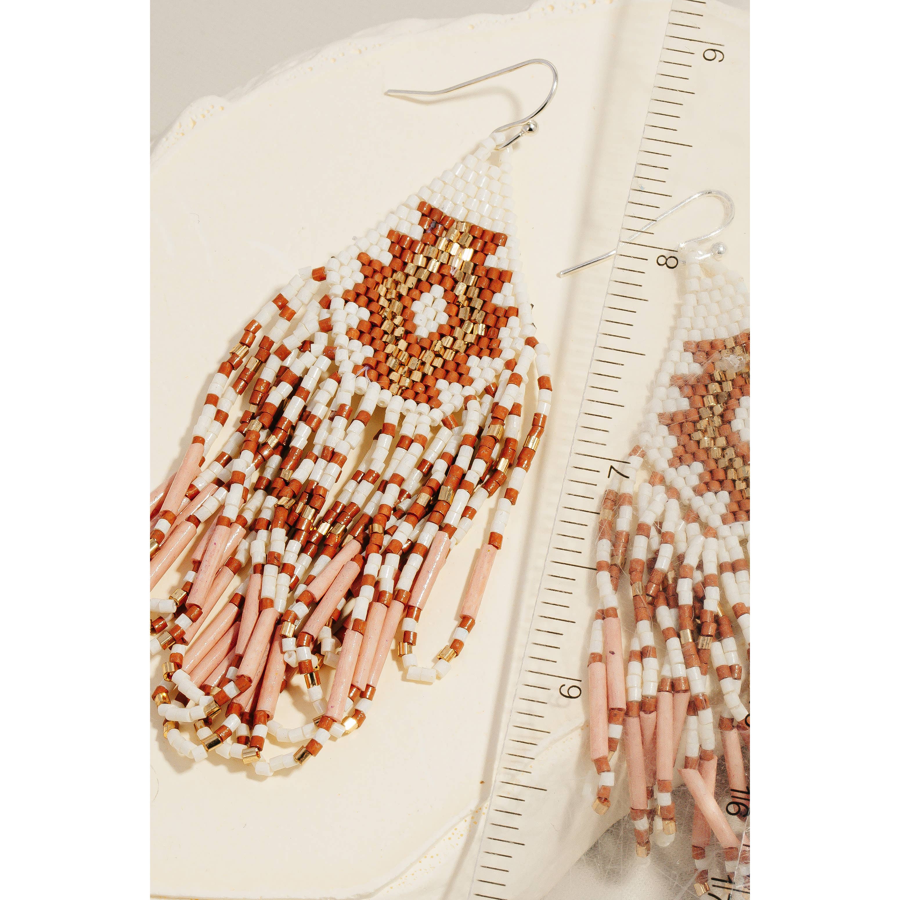 Soul Of Sita Triangular Boho Seed Beaded Fringe Dangle Earrings: Shp - Image 3