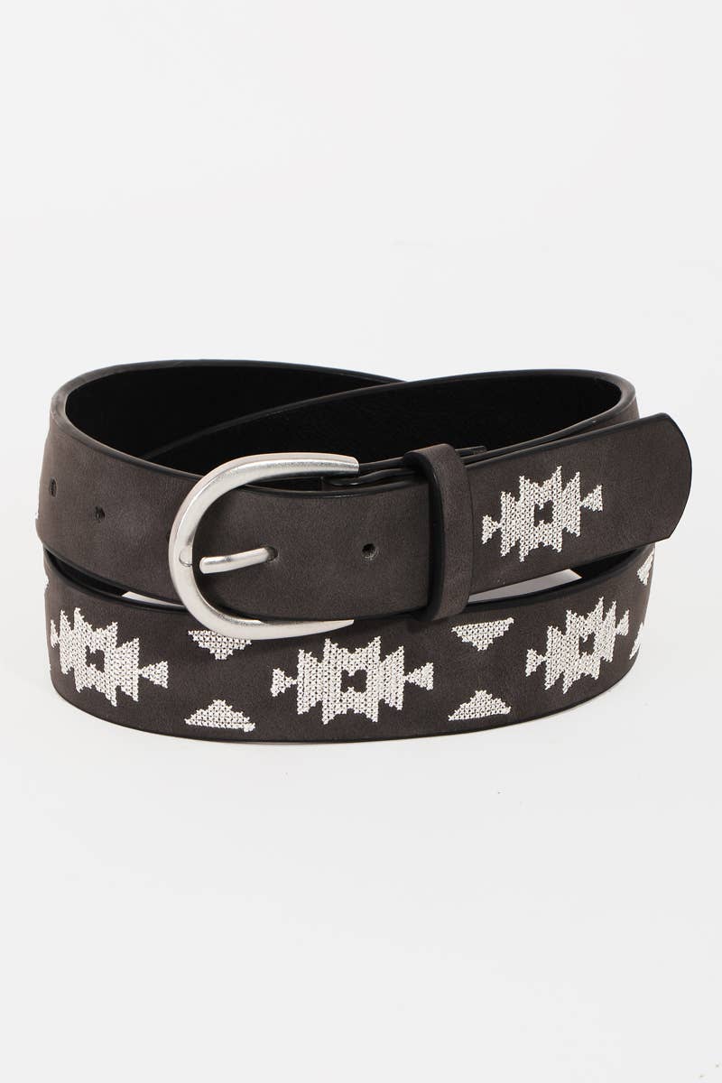 Soul Of Sita Western Boho Embroidered Pattern Vegan Leather Belt: Bk