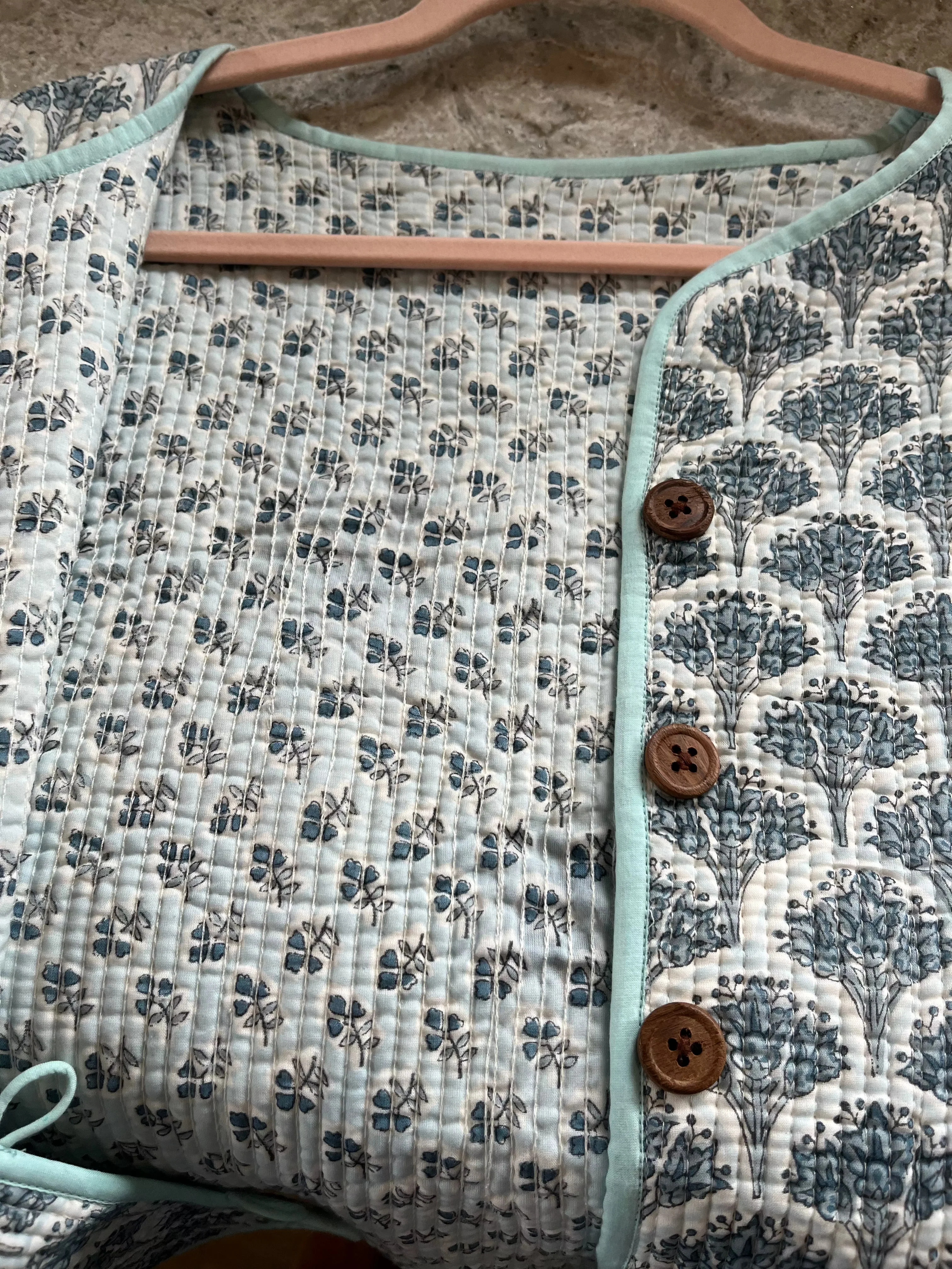Soul Of Sita Wood Block Printed Cotton Quilted Reversible Jacket In Soft Blues. - Image 9