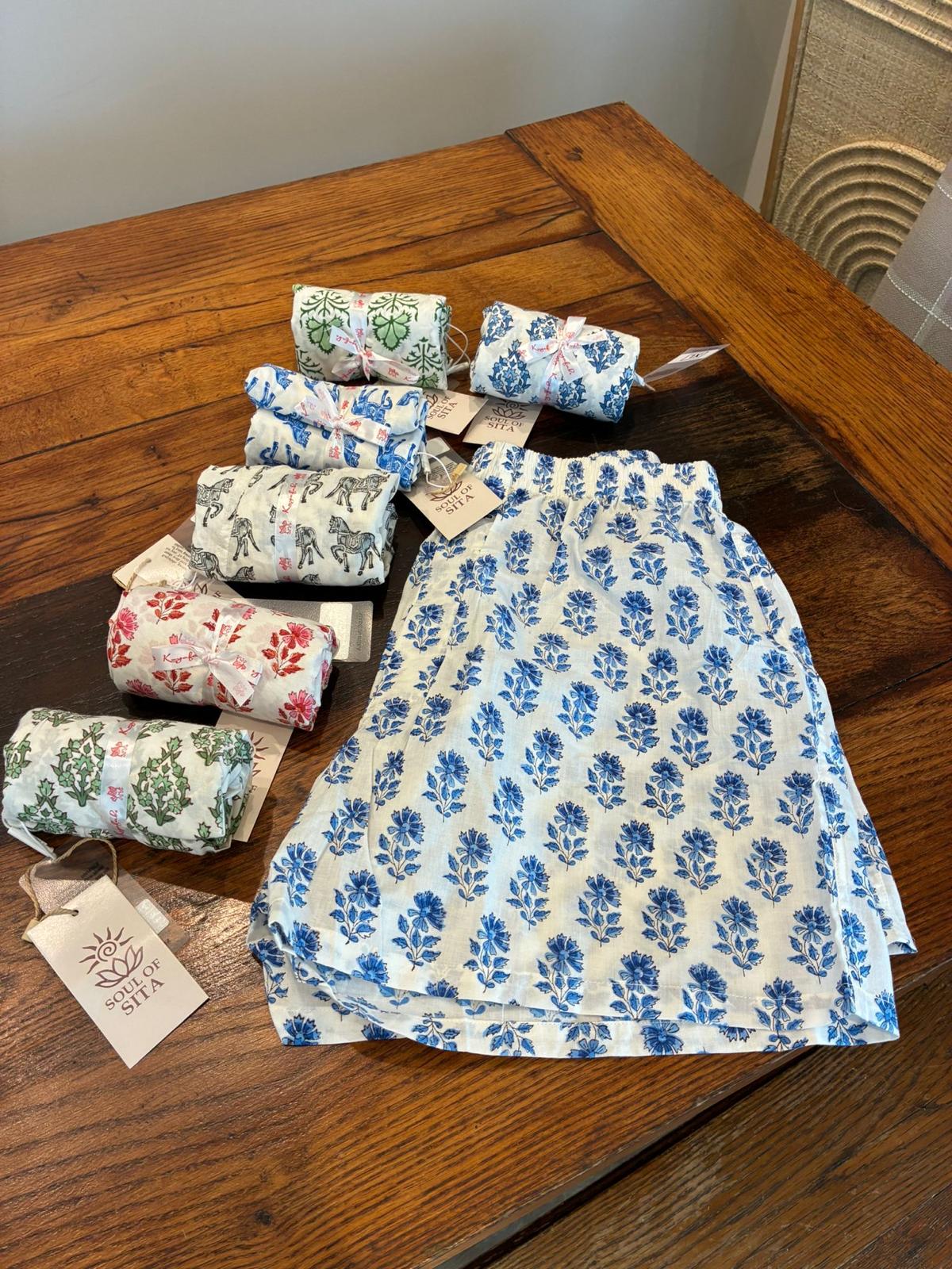 Soul Of Sita Woodblock Blue Floral Cotton Lounge Shorts - Image 2