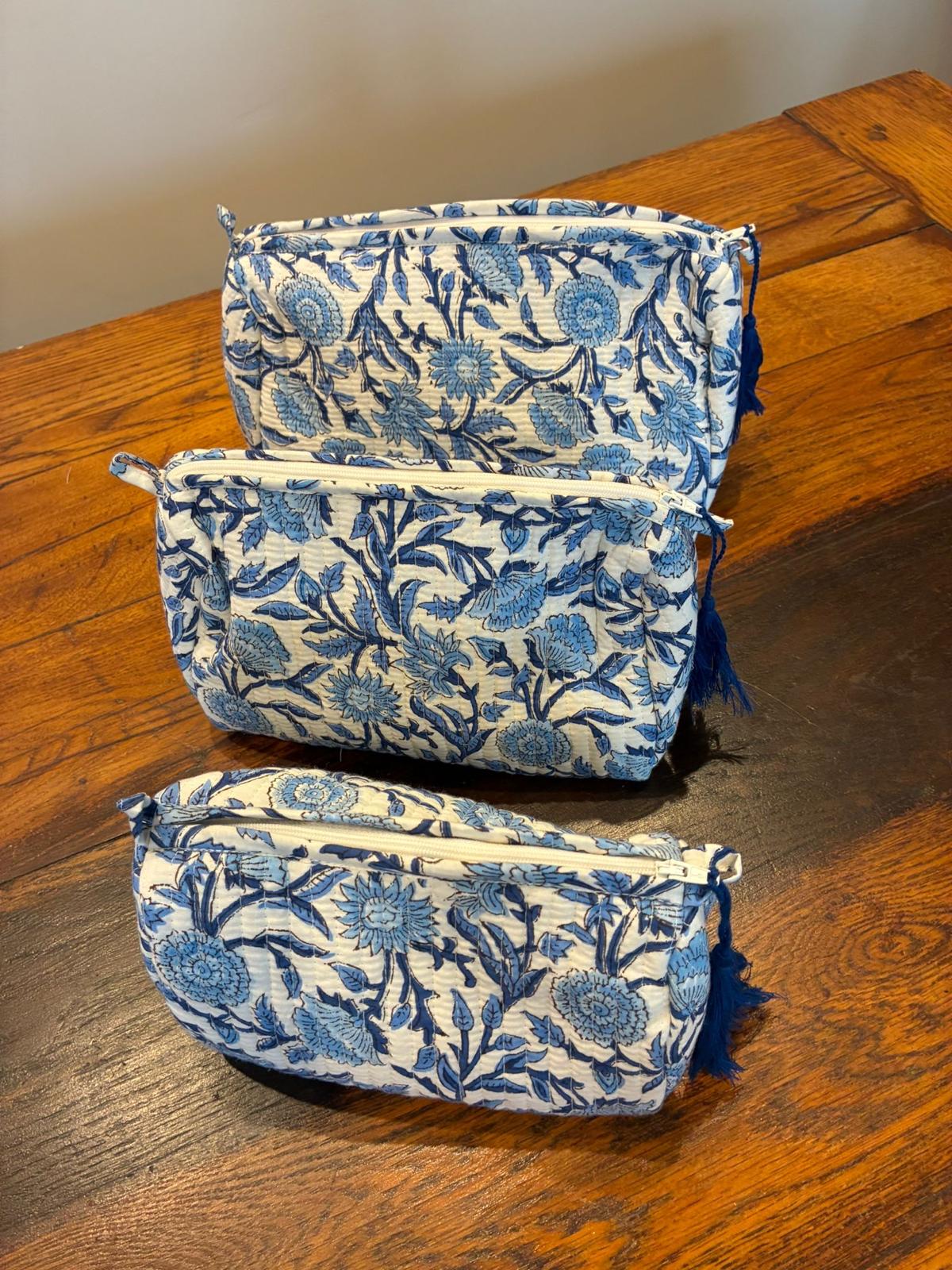 Soul Of Sita Woodblock Blue Floral Quilted Makeup Bag Set - Image 2