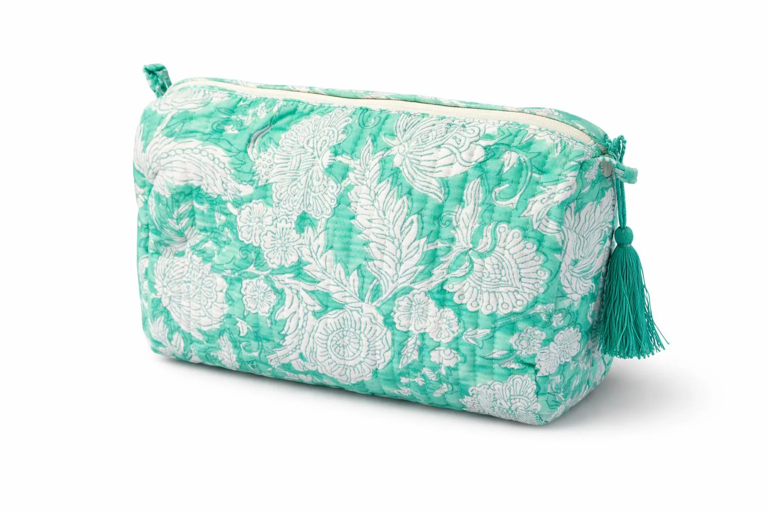 Soul Of Sita Woodblock Printed Mint Green Floral Quilted Makeup Bag - Image 2